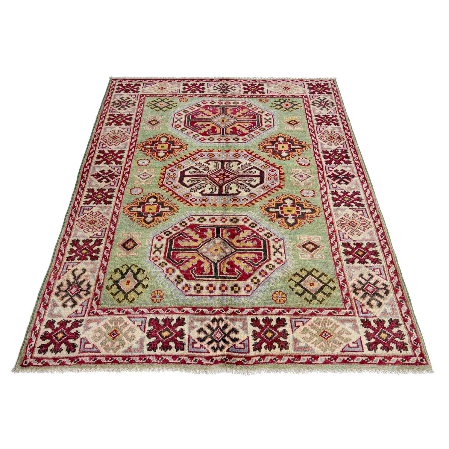Kazak Rug Handmade Green Medallion 3x5 ft