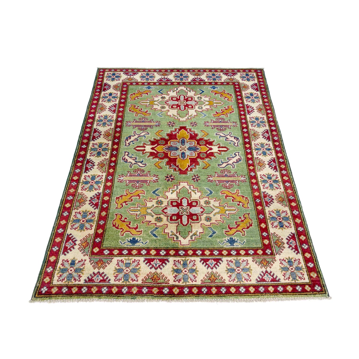 Kazak Rug Handmade Green Medallion 4x6 ft