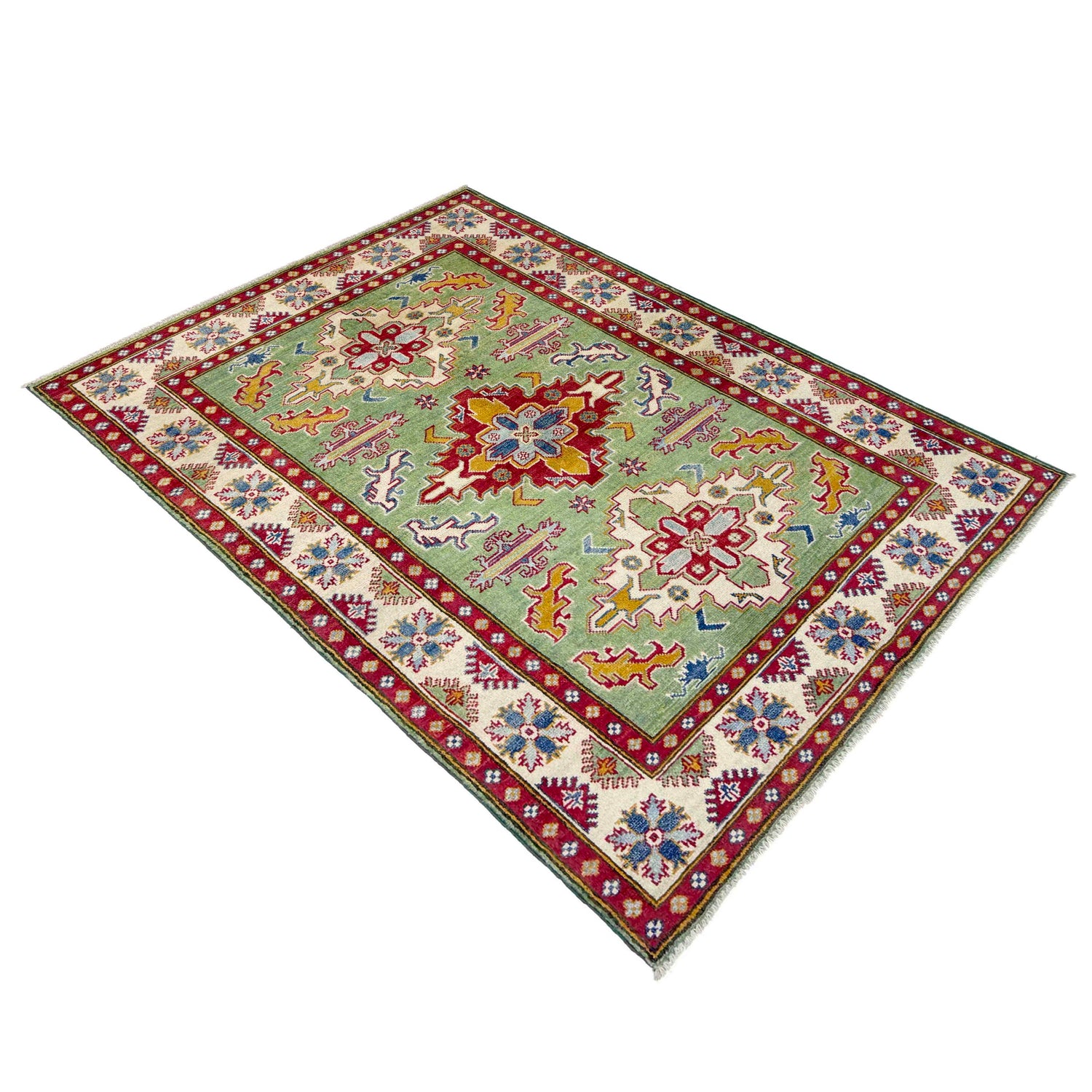 Kazak Rug Handmade Green Medallion 4x6 ft