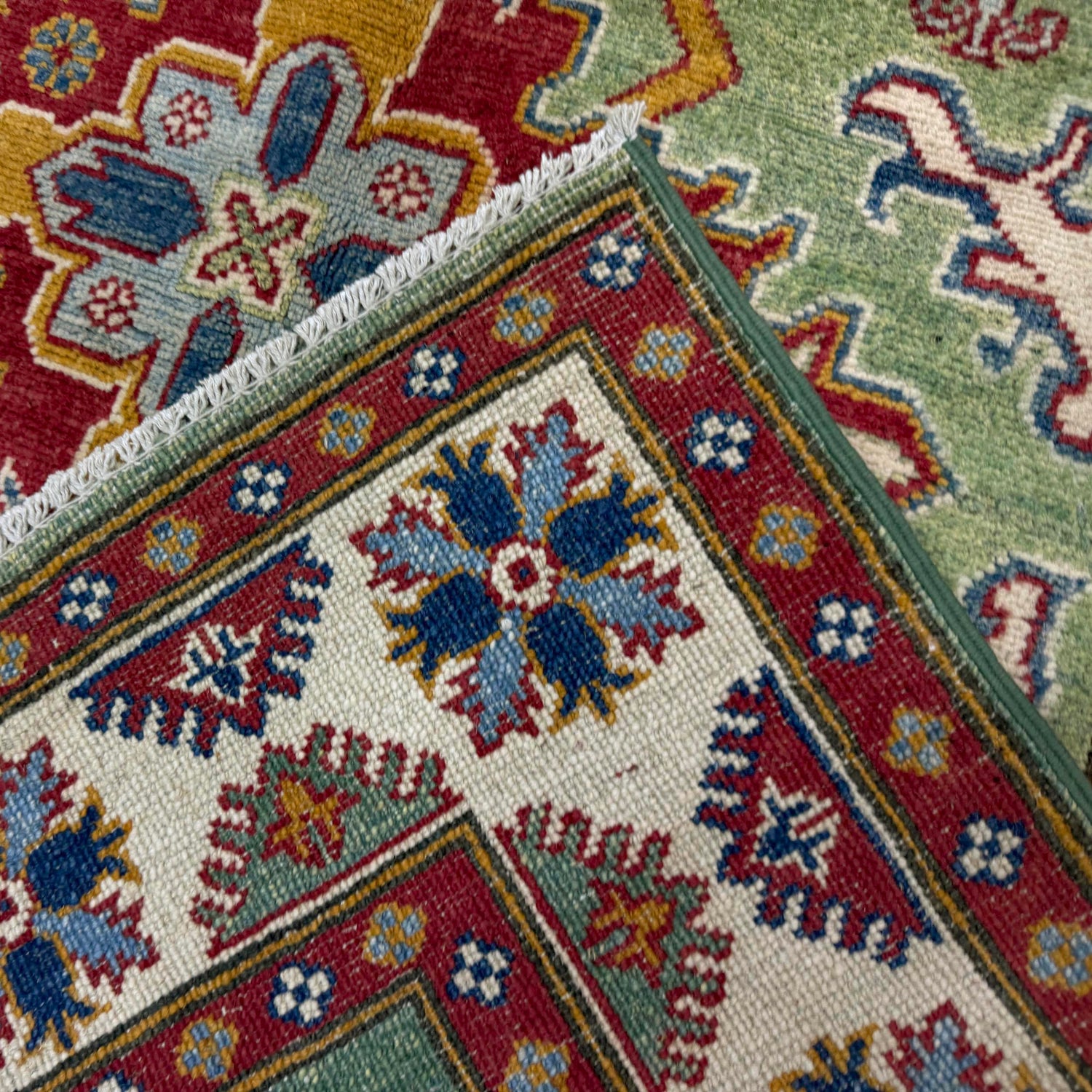 Kazak Rug Handmade Green Medallion 4x6 ft