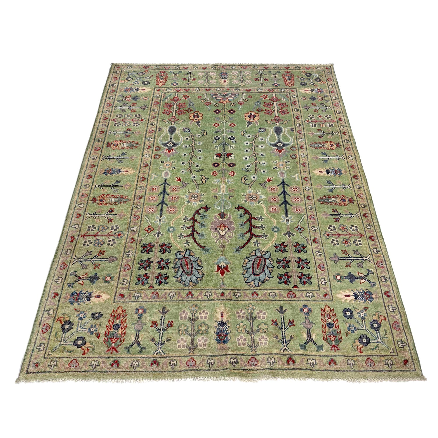 Tree Of Life Area Rug Handmade Green Floral 4x6 ft