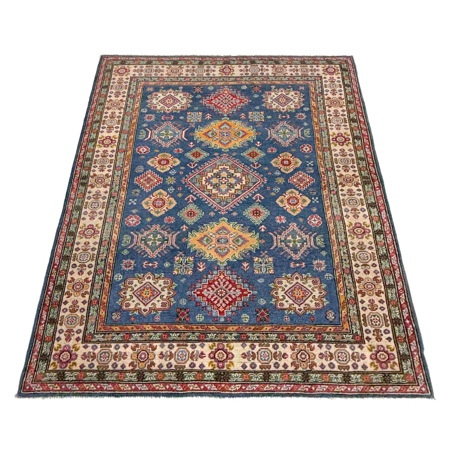 Kazak Rug Handmade Blue Medallion 4x7 ft