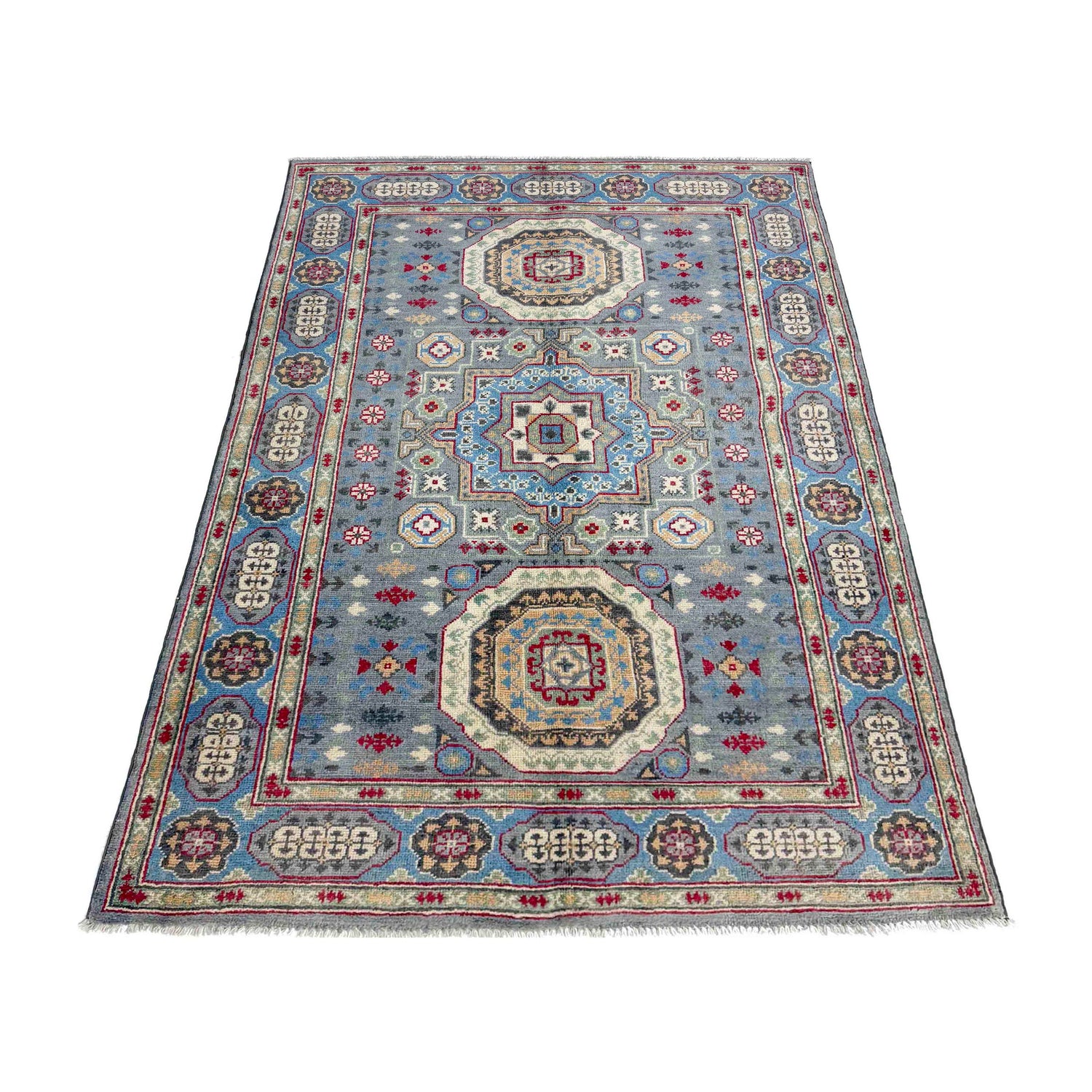 Kazak Rug Handmade Gray Medallion 4x6 ft