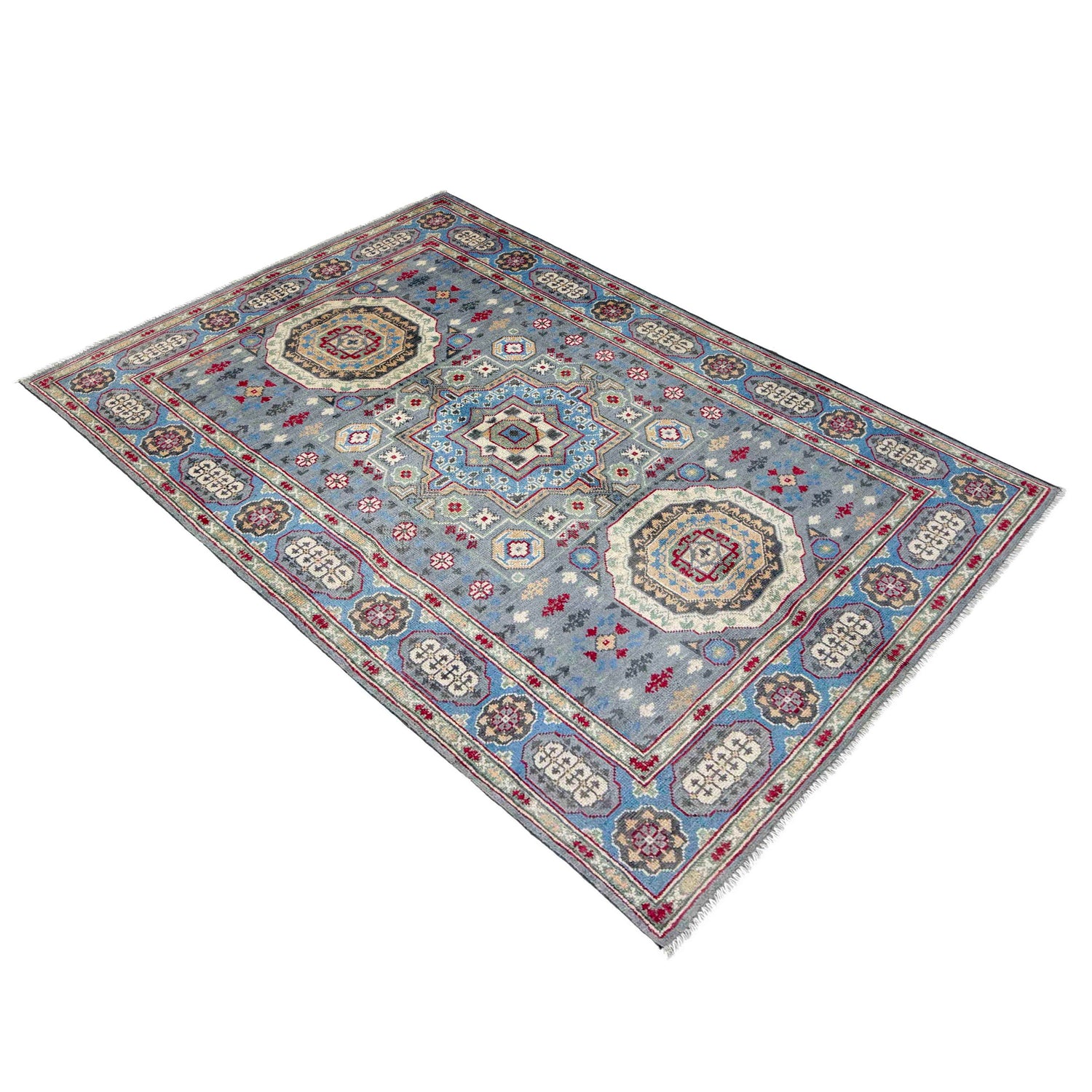 Kazak Rug Handmade Gray Medallion 4x6 ft