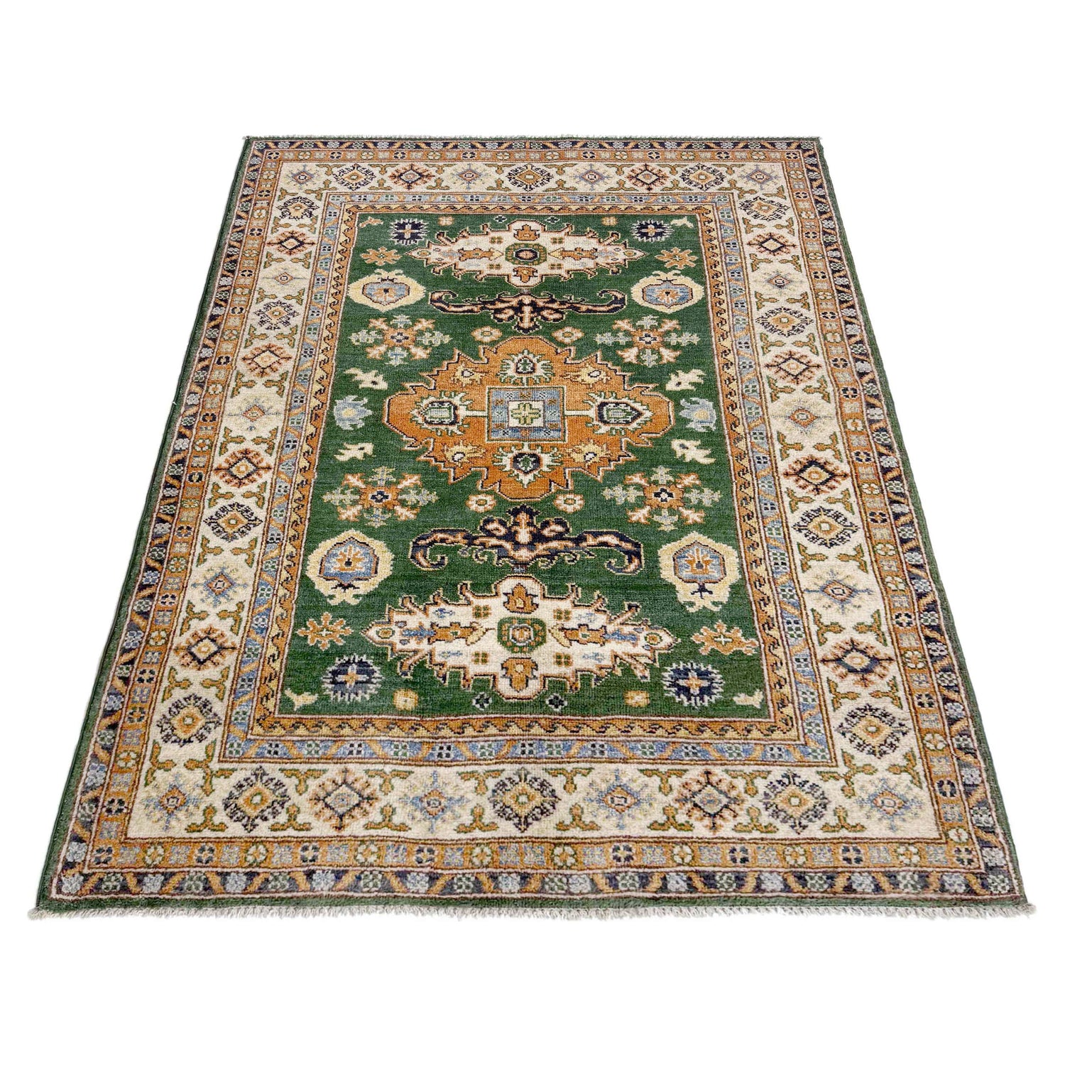 Kazak Rug Handmade Green Medallion 4x6 ft