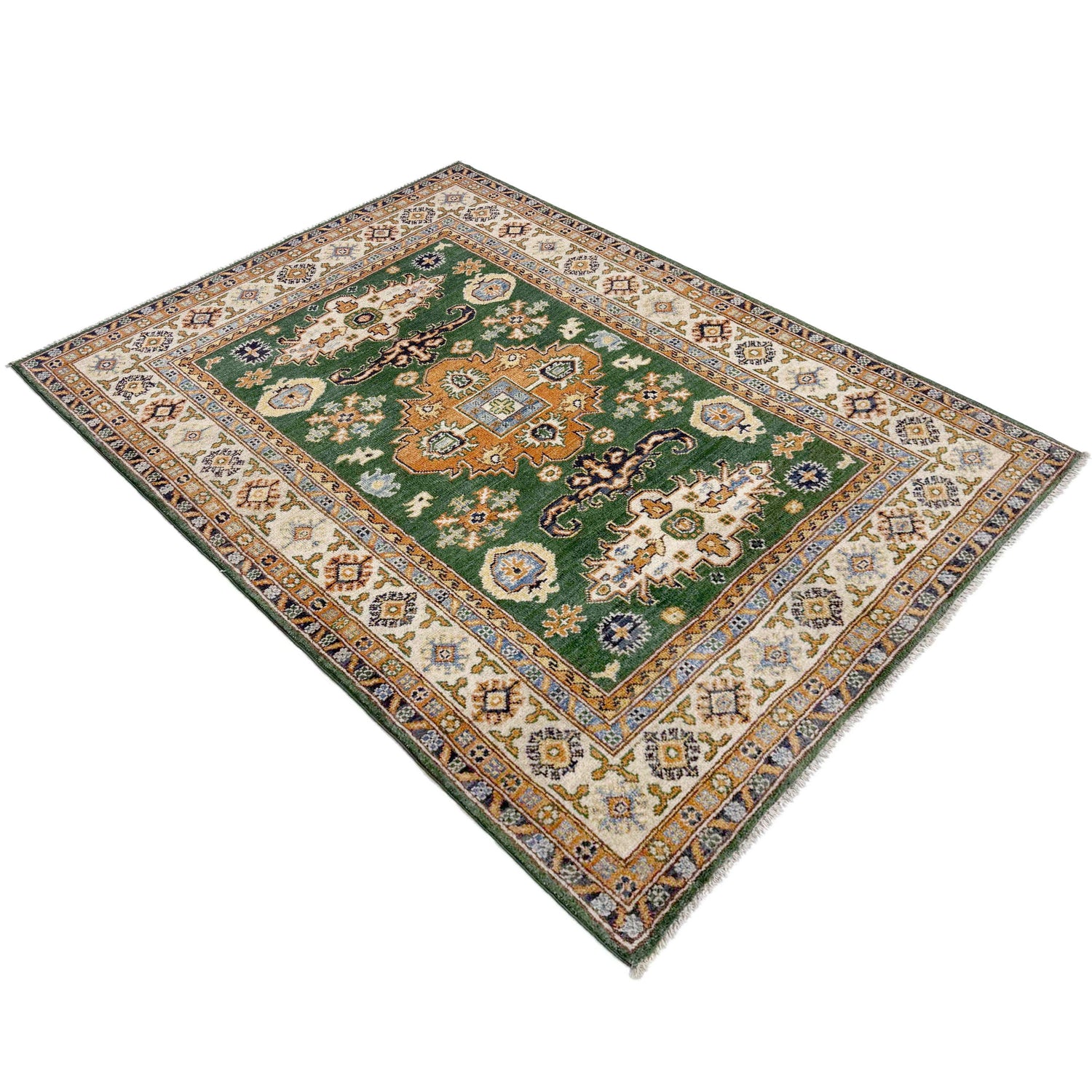 Kazak Rug Handmade Green Medallion 4x6 ft