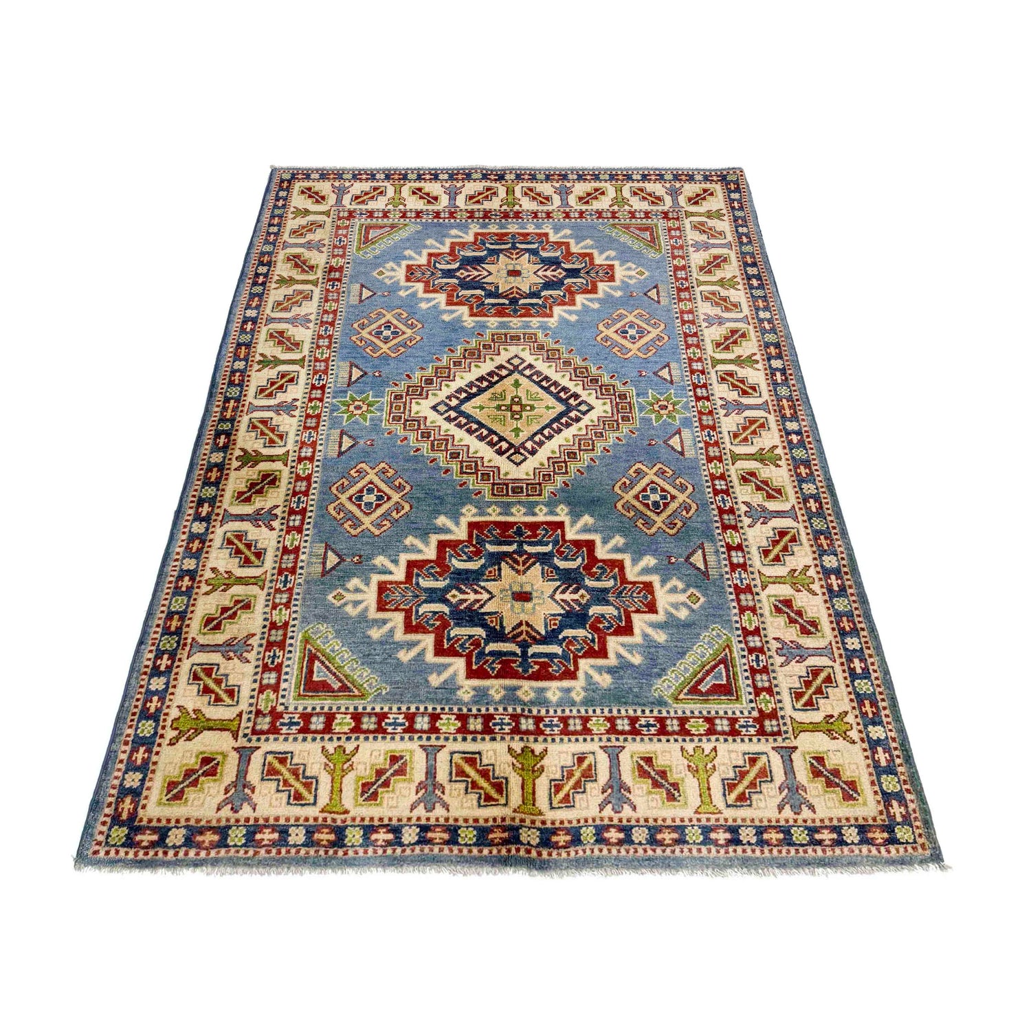 Kazak Rug Handmade Blue Medallion 4x6 ft