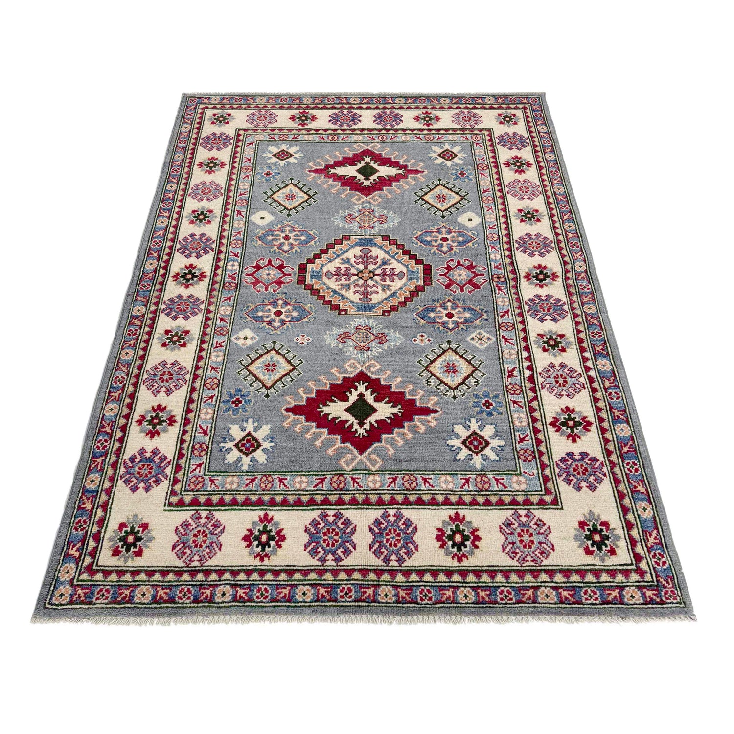 Kazak Rug Handmade Gray Medallion 4x6 ft