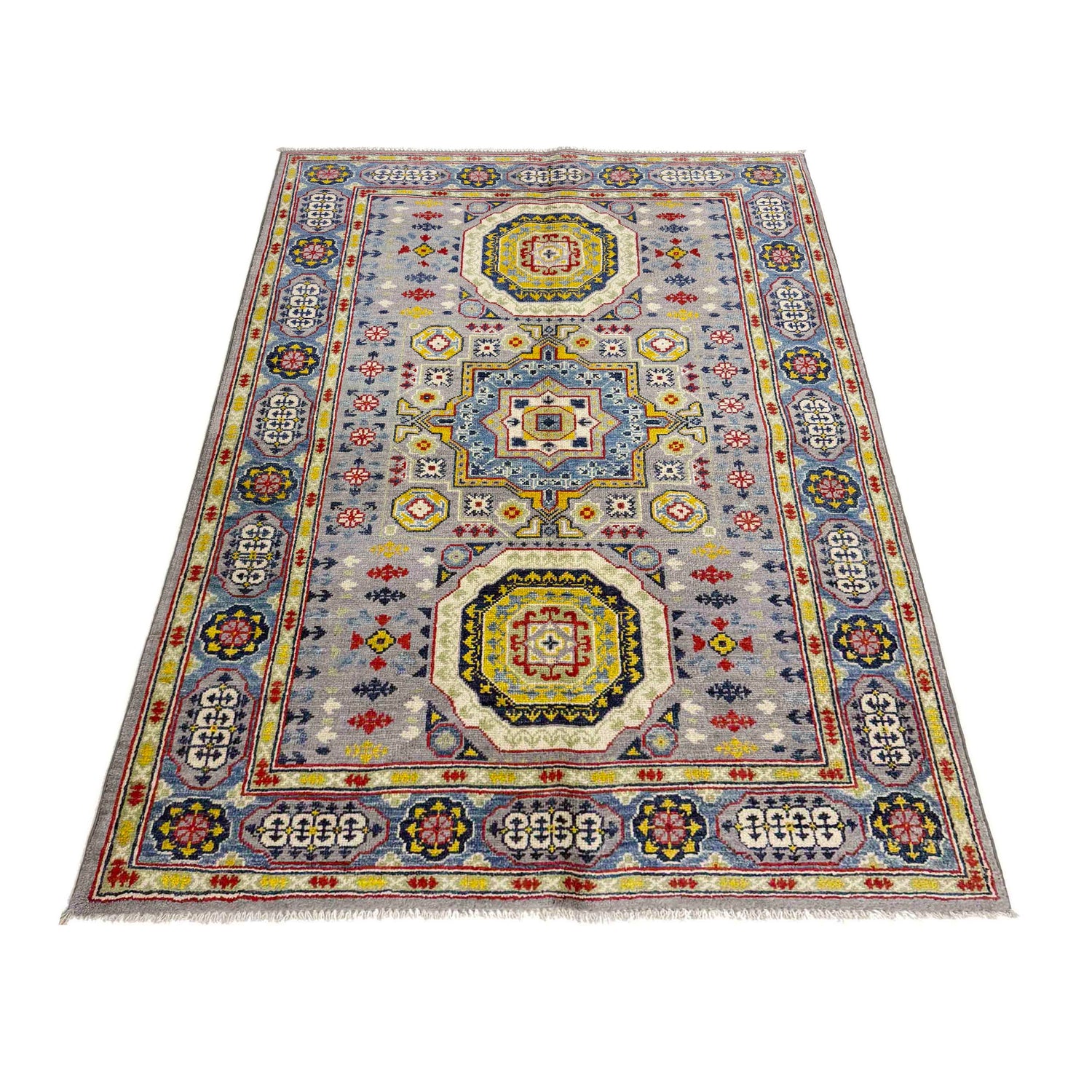 Kazak Rug Handmade Gray Medallion 4x6 ft