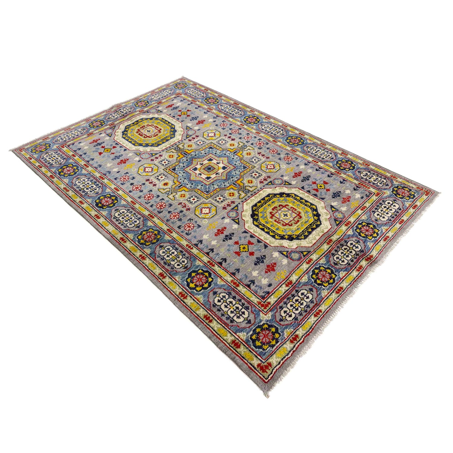 Kazak Rug Handmade Gray Medallion 4x6 ft