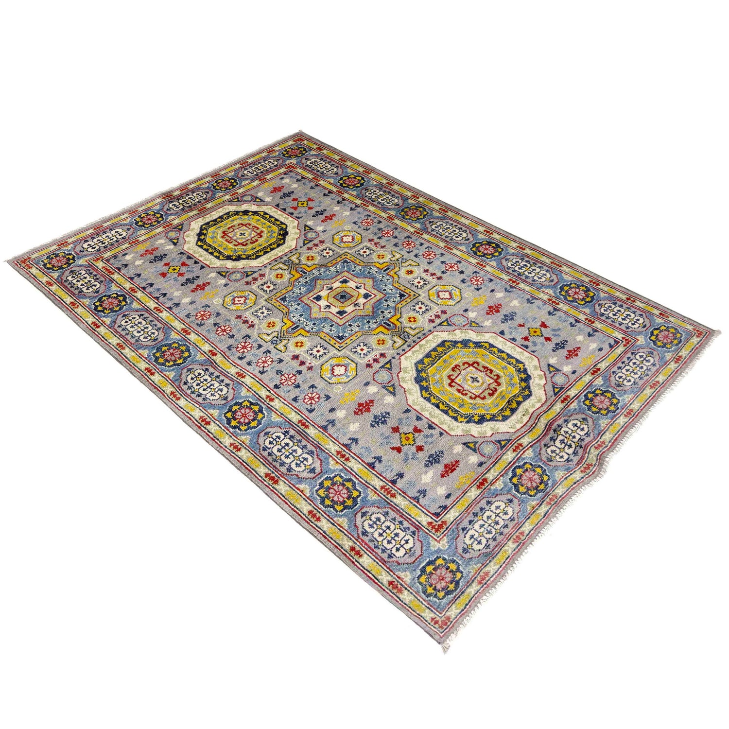 Kazak Rug Handmade Gray Medallion 4x6 ft