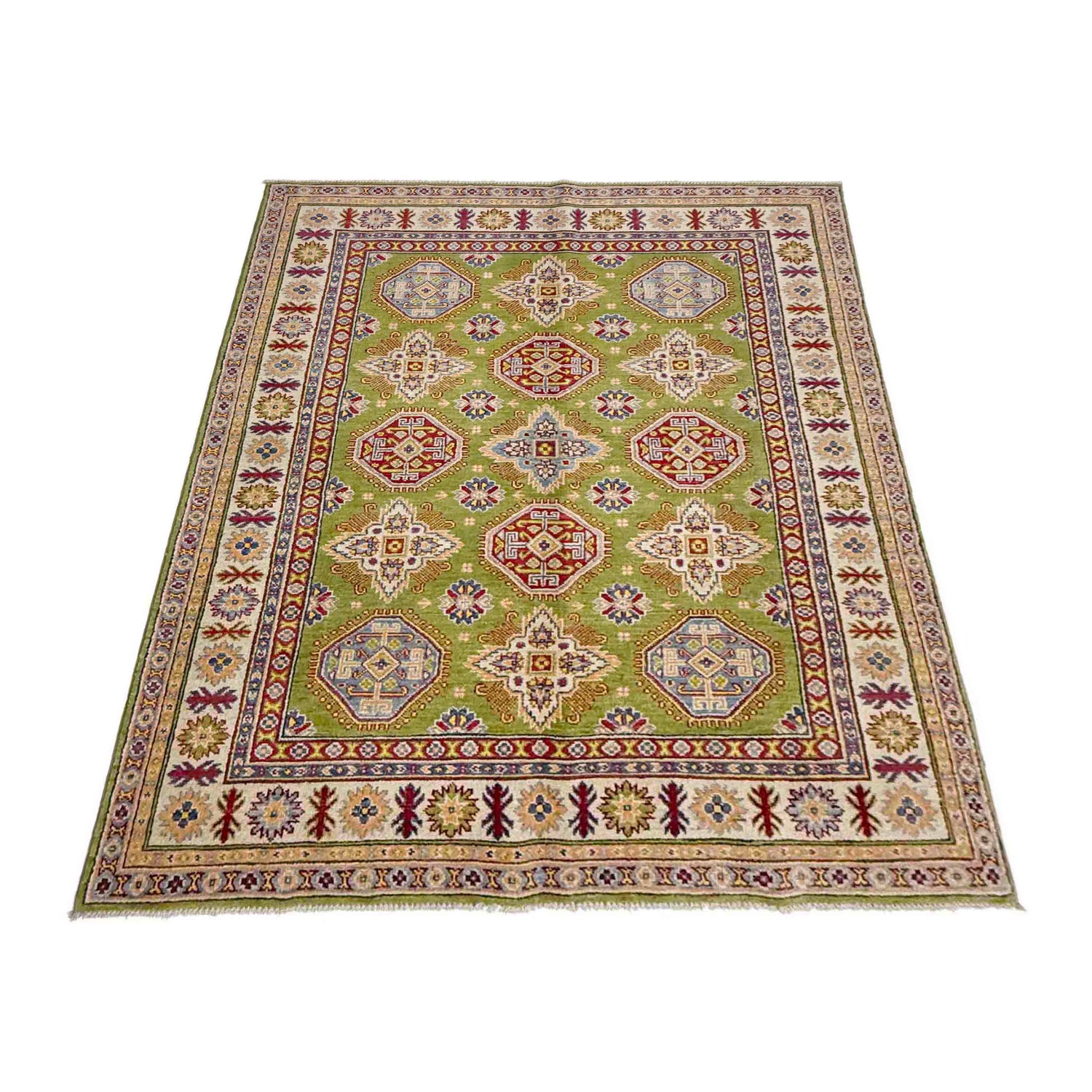 Kazak Rug Handmade Green Medallion 4x7 ft