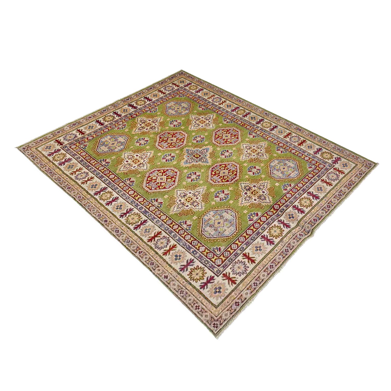 Kazak Rug Handmade Green Medallion 4x7 ft