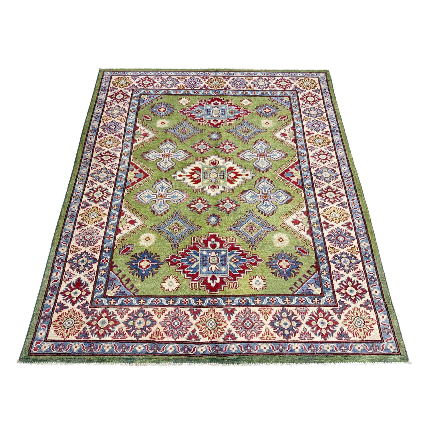 Kazak Rug Handmade Green Medallion 4x7 ft