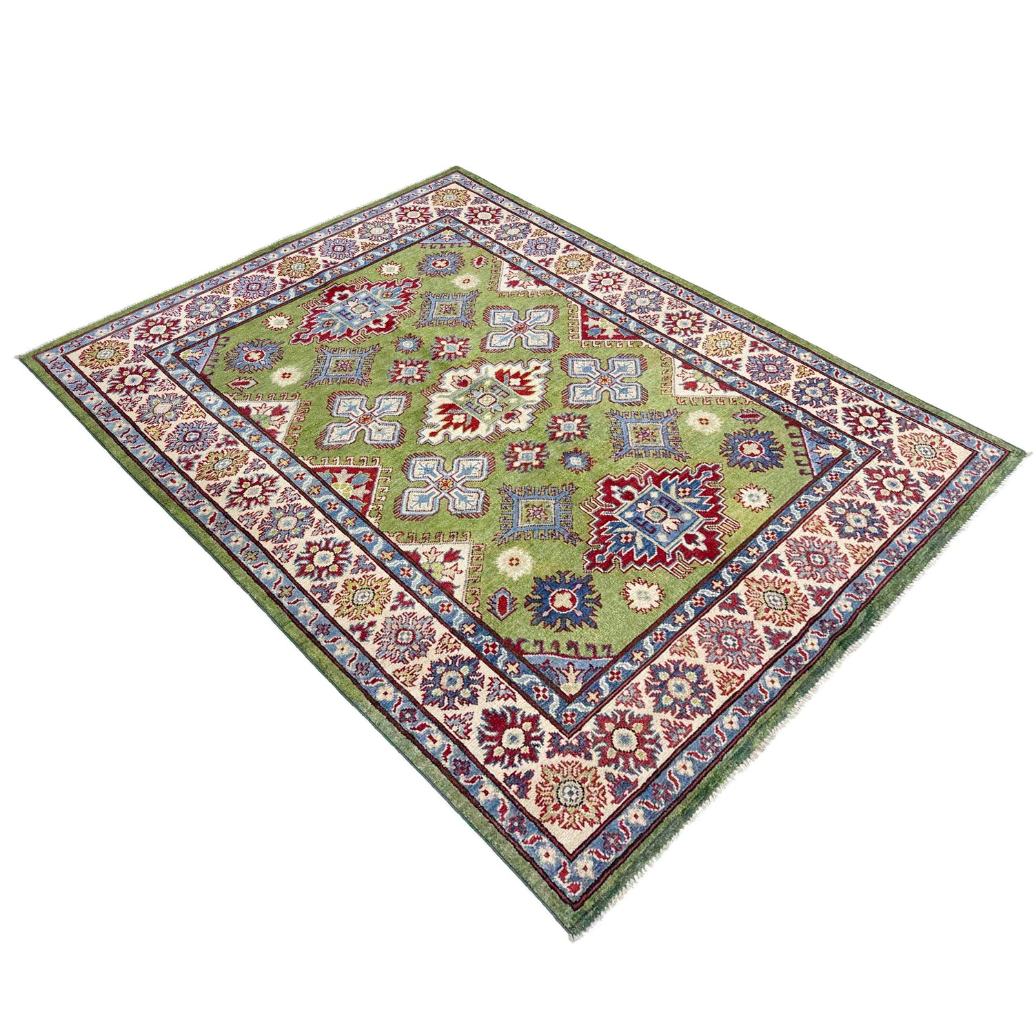 Kazak Rug Handmade Green Medallion 4x7 ft