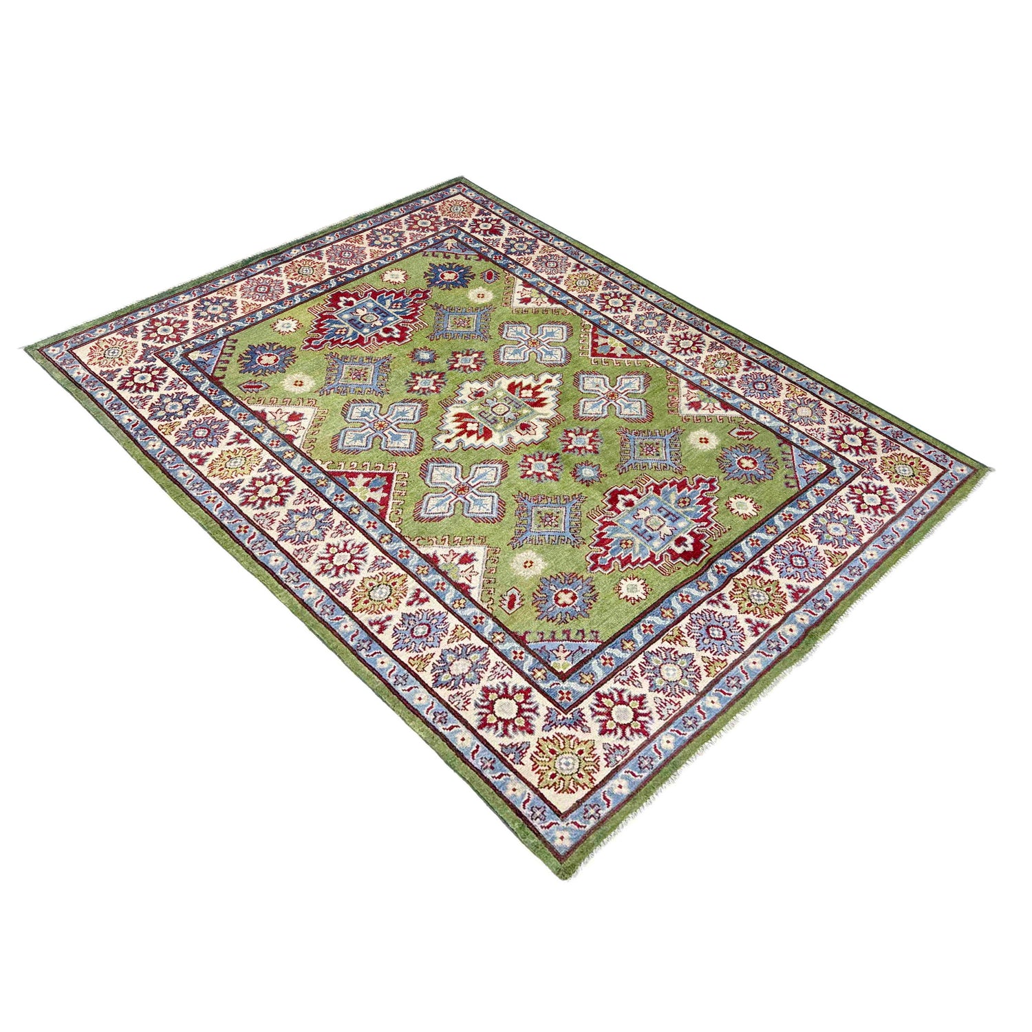 Kazak Rug Handmade Green Medallion 4x7 ft
