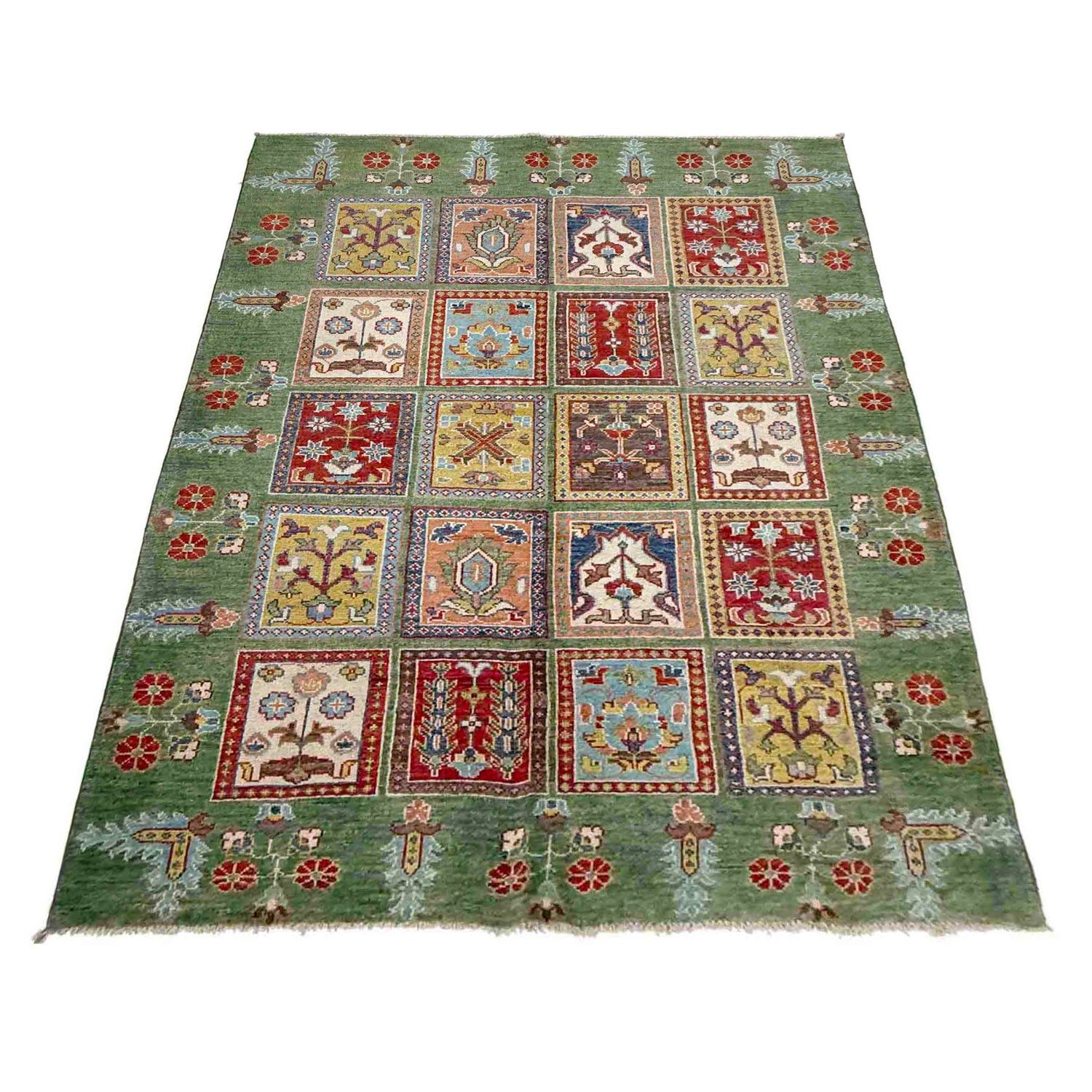 Bakhtiar Area Rug Handmade Green Floral 4x7 ft