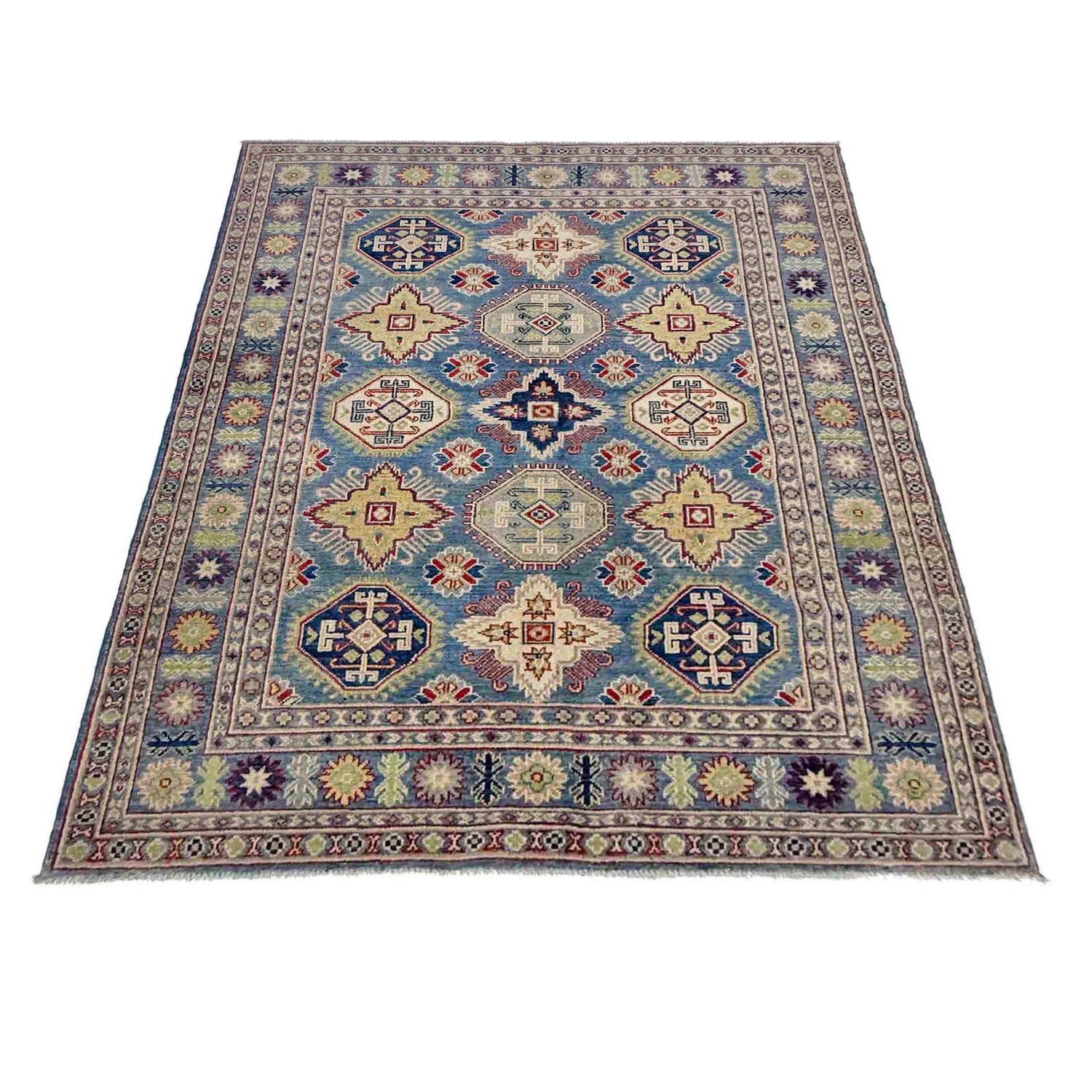 Kazak Rug Handmade Blue Medallion 4x7 ft