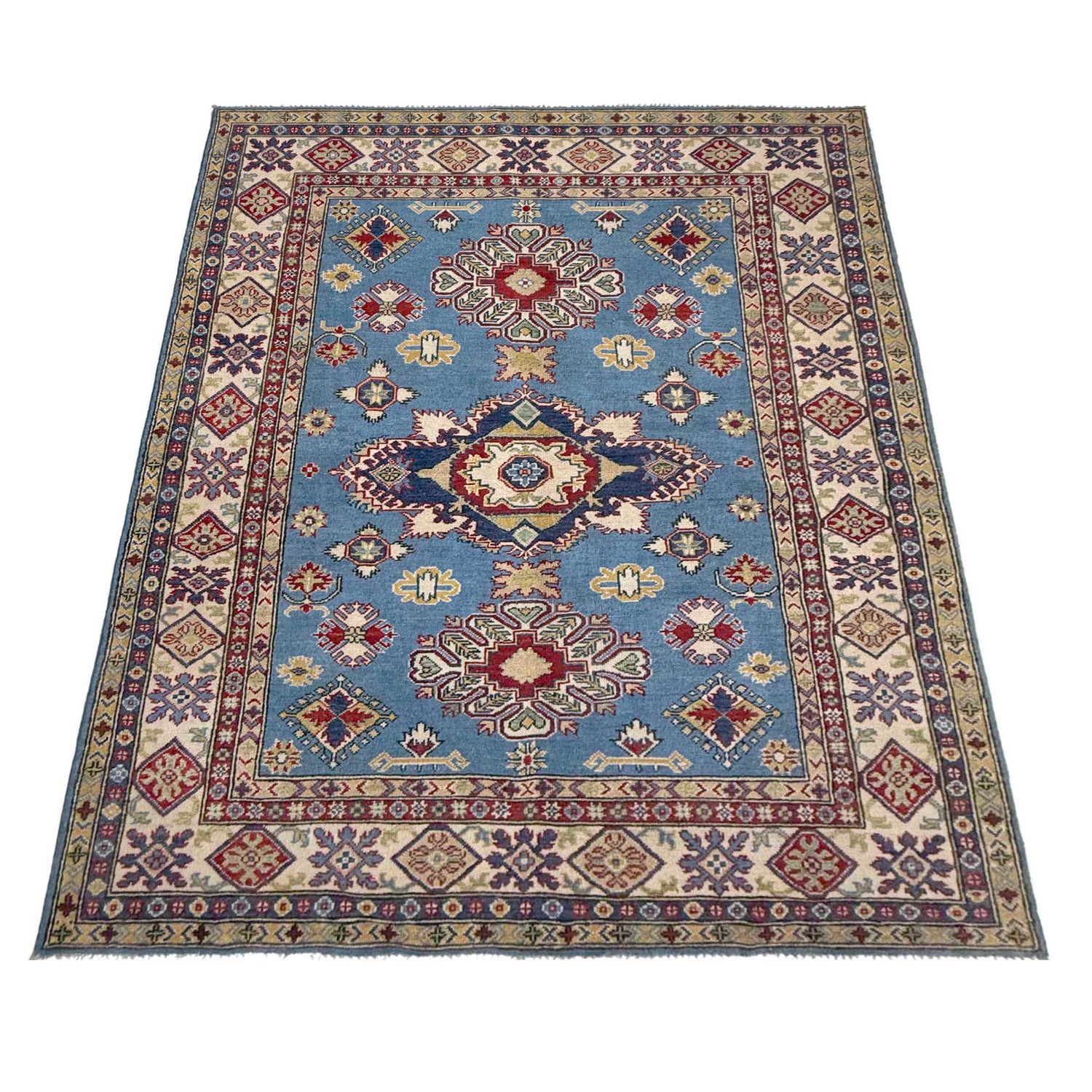 Kazak Rug Handmade Blue Medallion 5x8 ft