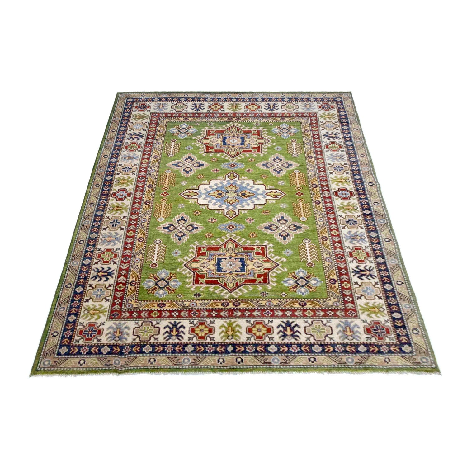 Kazak Rug Handmade Green Medallion 5x8 ft