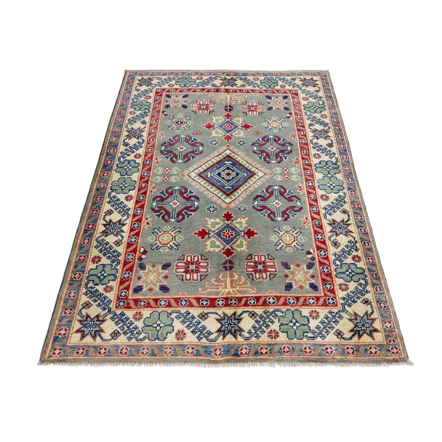 Kazak Rug Handmade Gray Medallion 4x6 ft