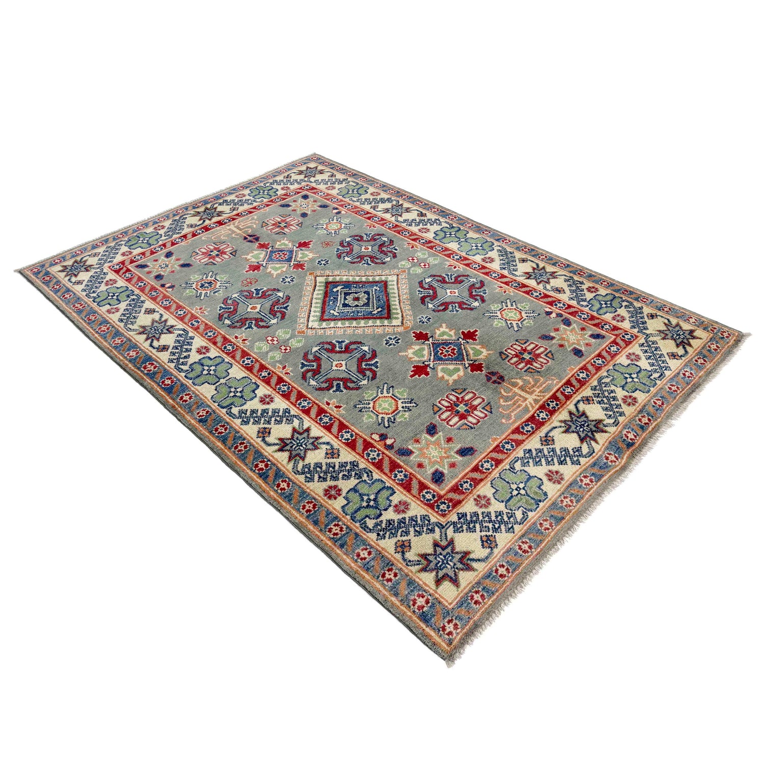 Kazak Rug Handmade Gray Medallion 4x6 ft