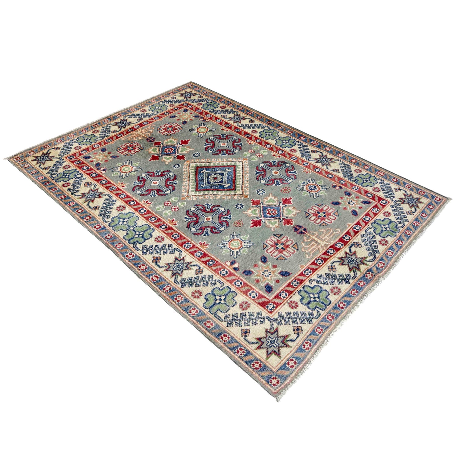 Kazak Rug Handmade Gray Medallion 4x6 ft