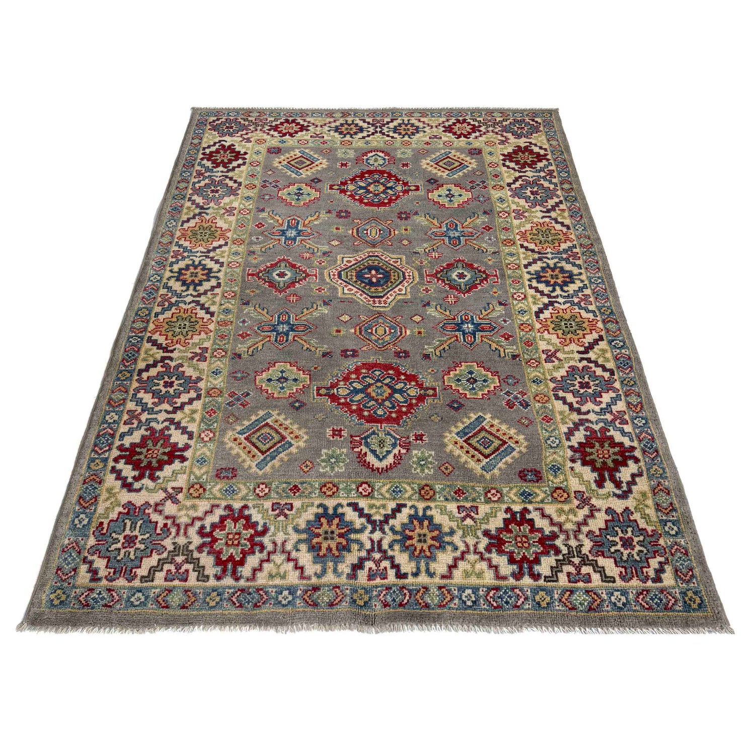 Kazak Rug Handmade Gray Medallion 4x6 ft