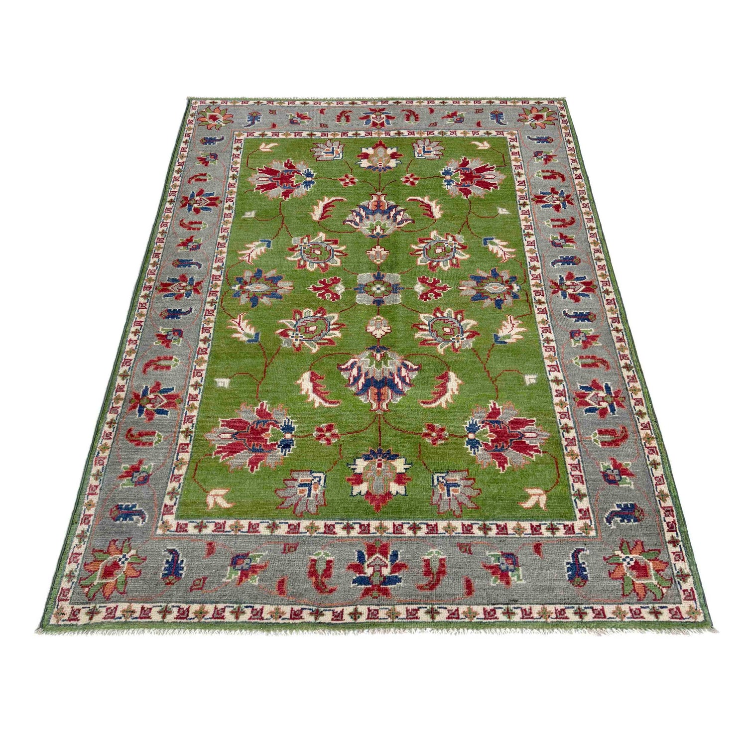Kazak Rug Handmade Green Medallion 4x6 ft
