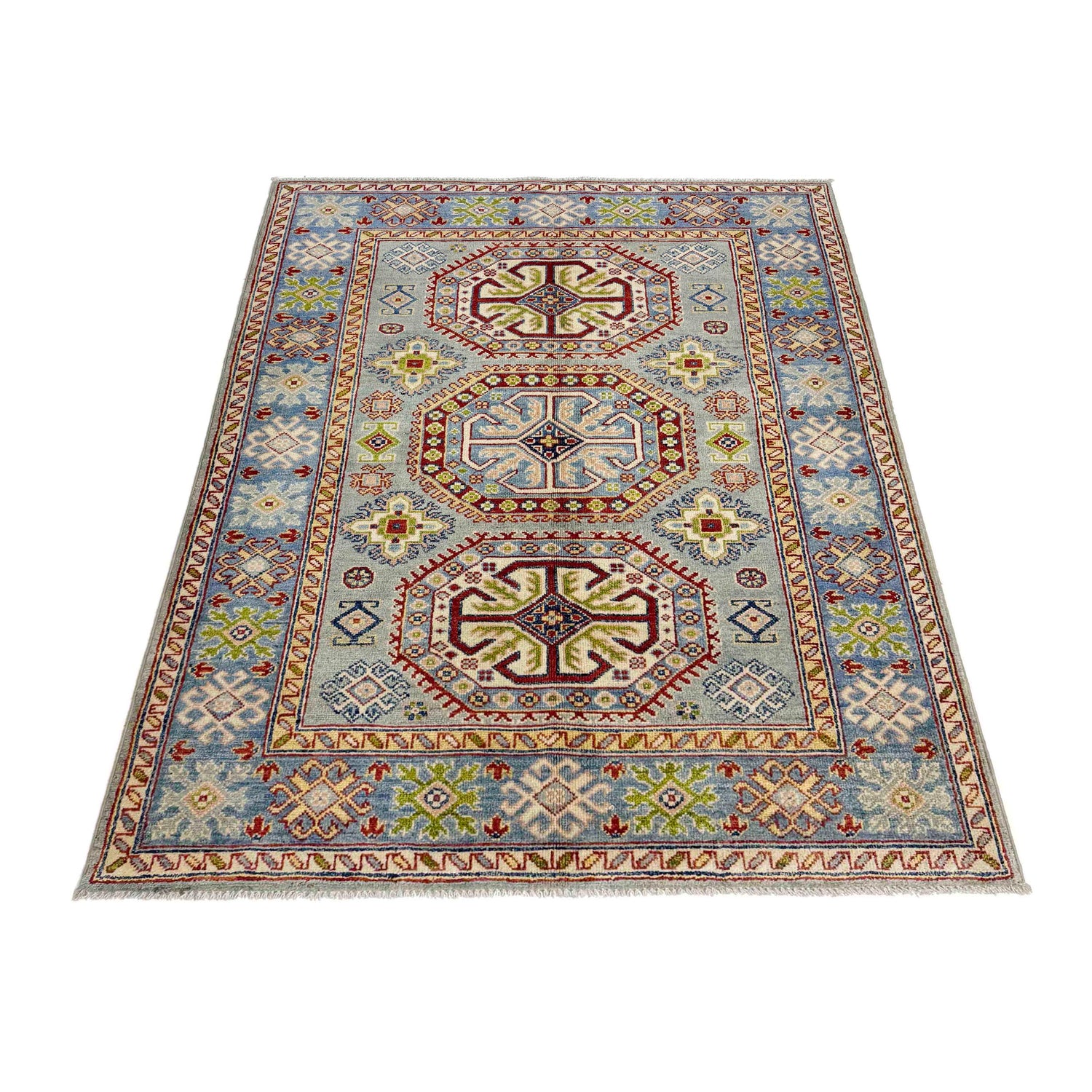 Kazak Rug Handmade Gray Medallion 4x6 ft