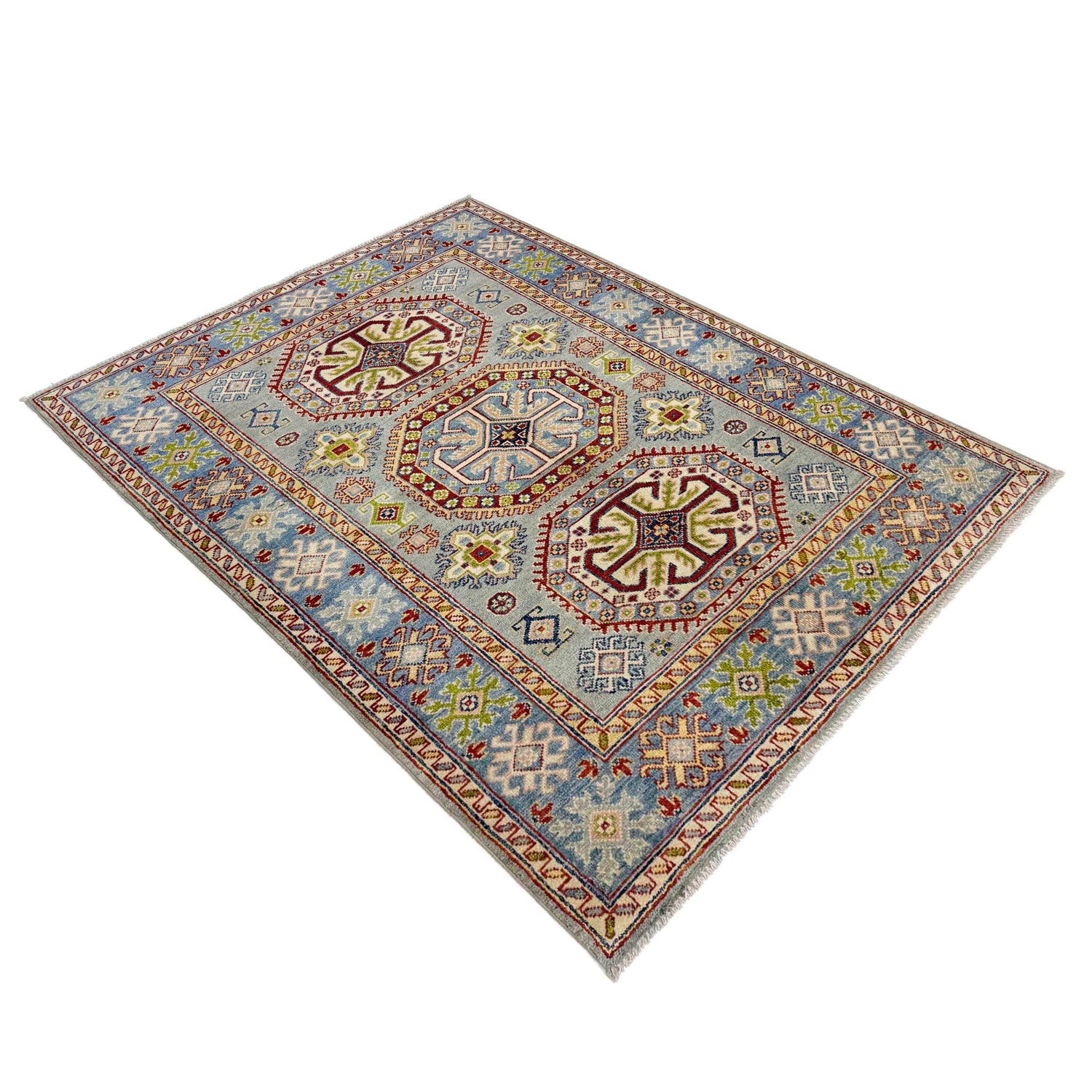 Kazak Rug Handmade Gray Medallion 4x6 ft