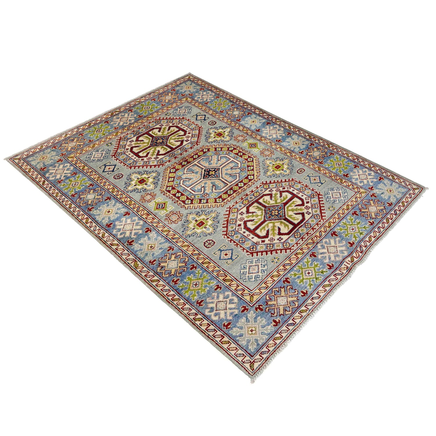 Kazak Rug Handmade Gray Medallion 4x6 ft
