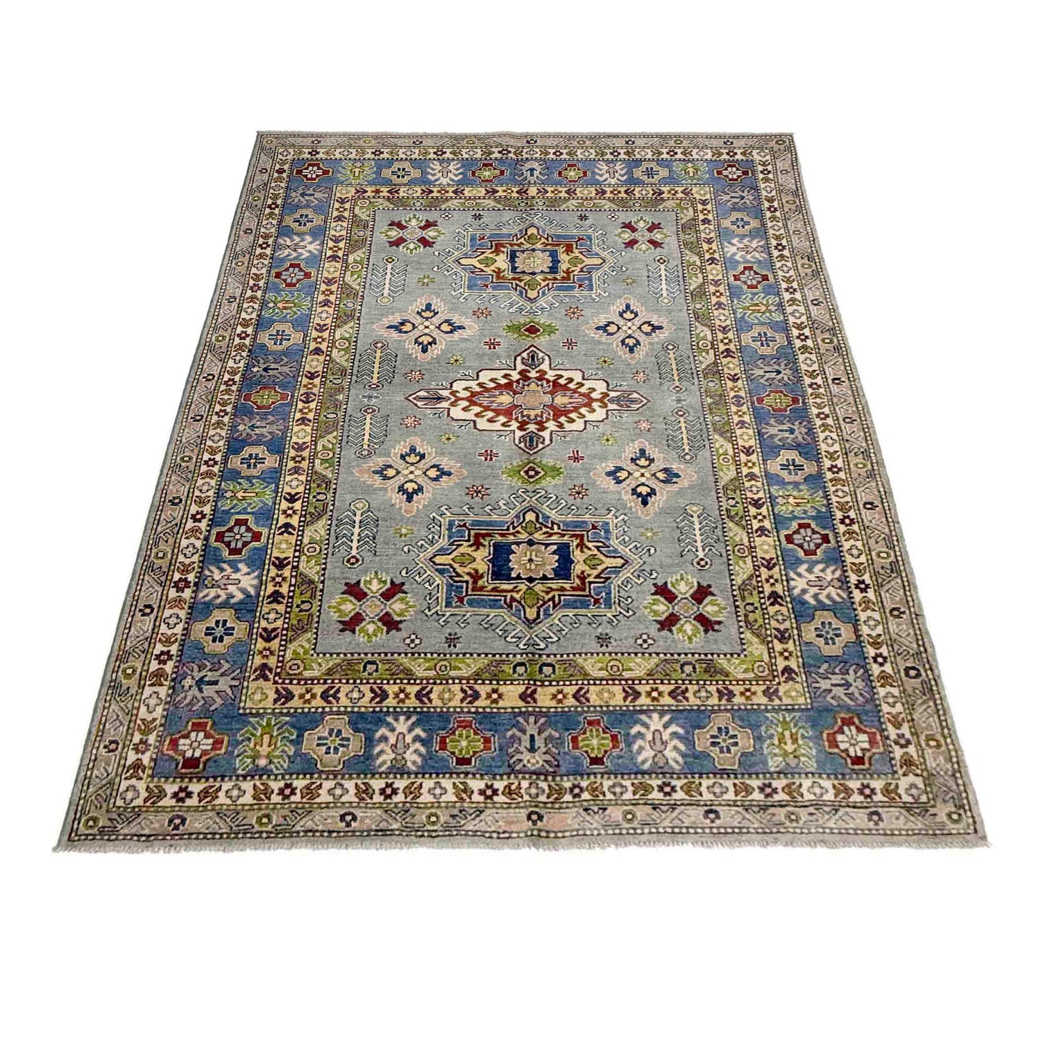 Kazak Rug Handmade Gray Medallion 5x8 ft