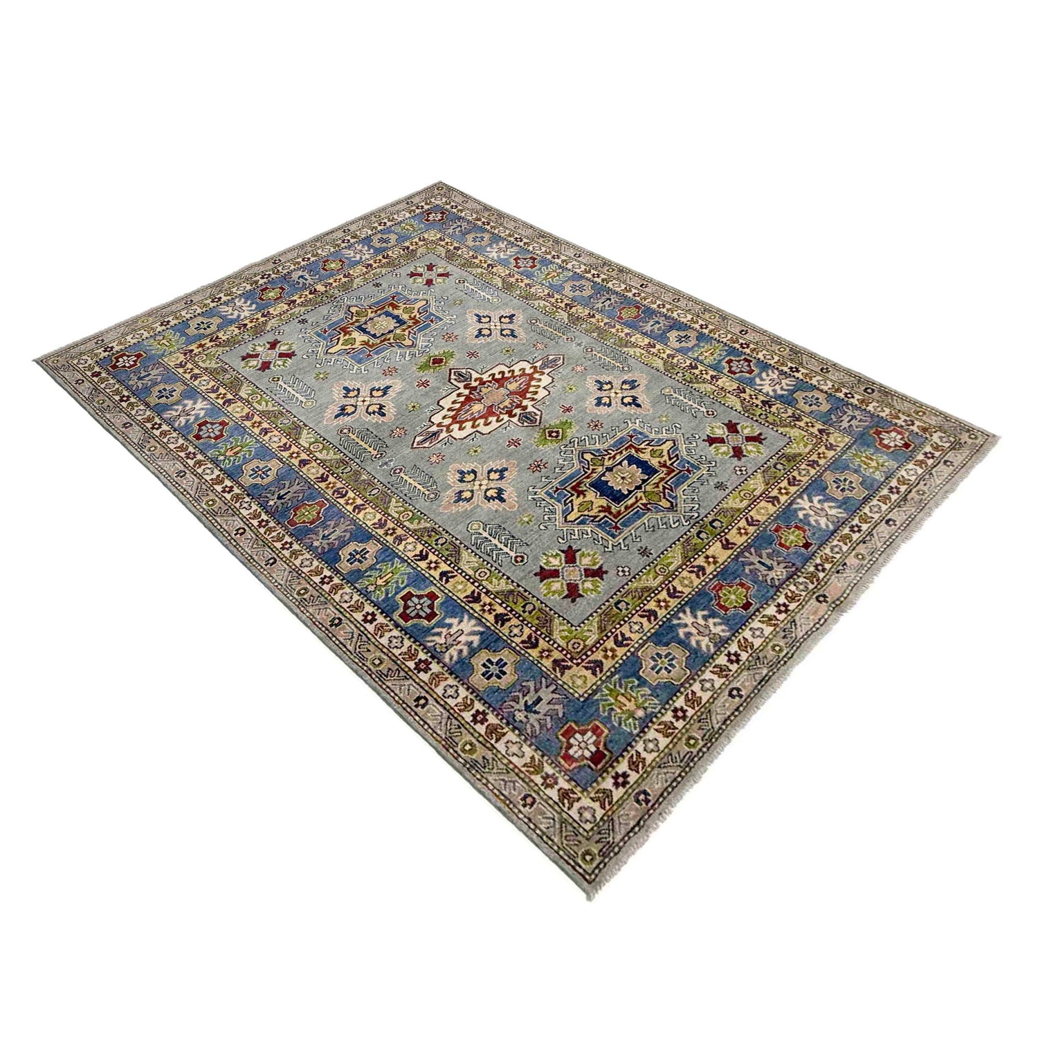 Kazak Rug Handmade Gray Medallion 5x8 ft