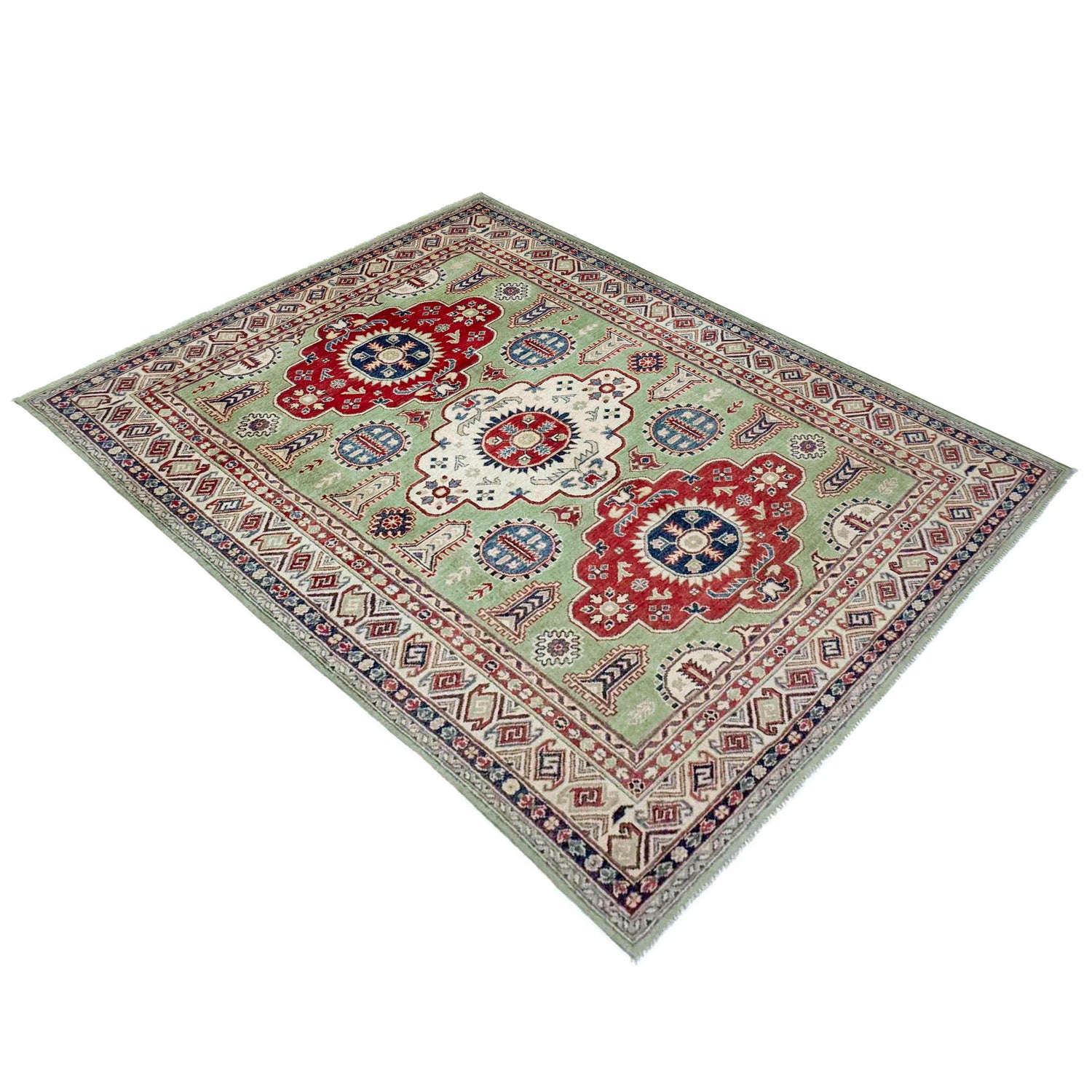 Kazak Rug Handmade Green Medallion 5x8 ft