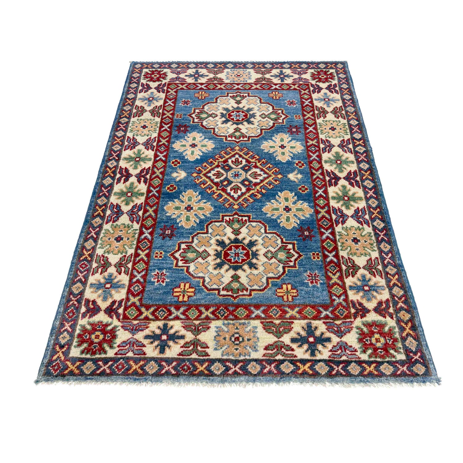 Kazak Rug Handmade Blue Medallion 2x4 ft