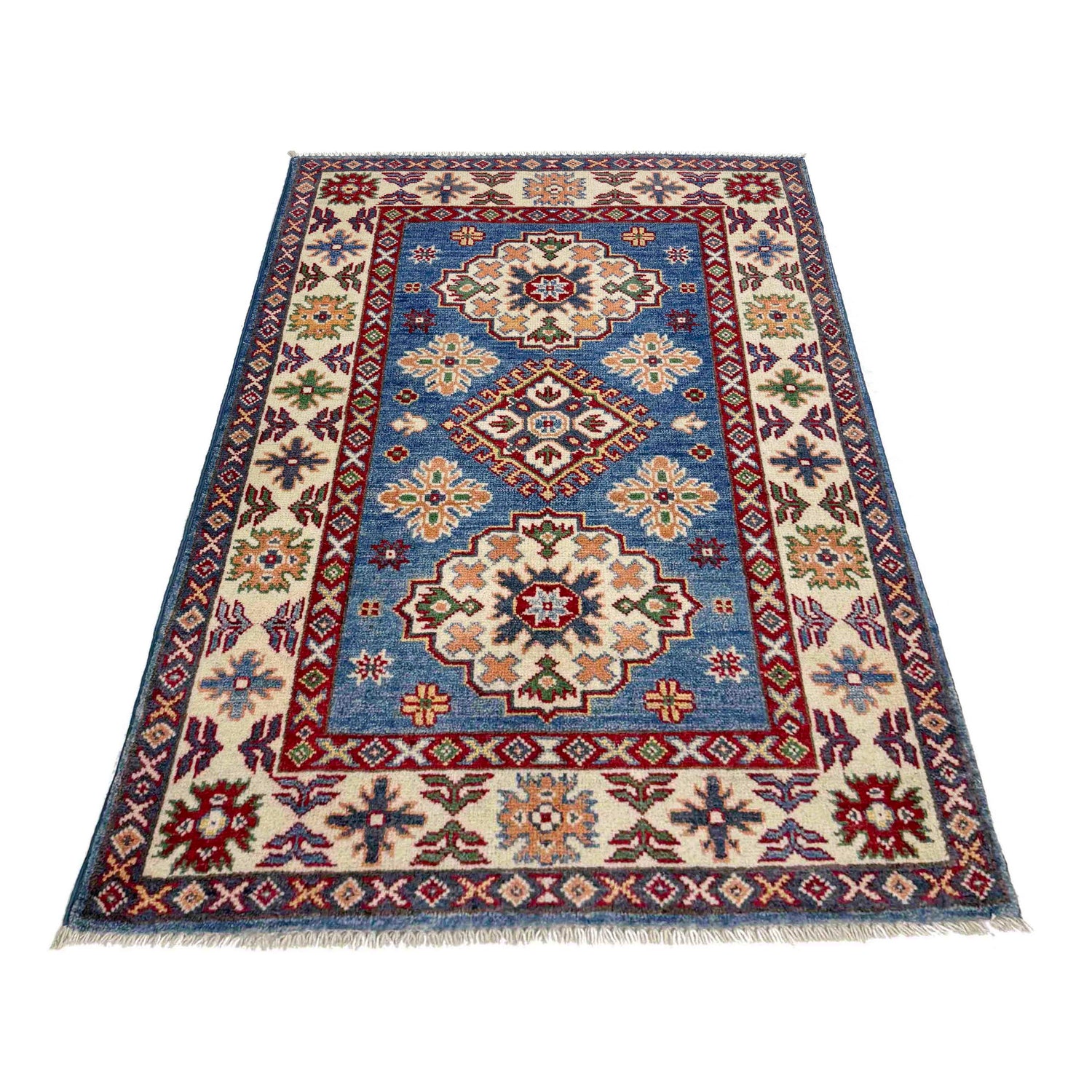 Kazak Rug Handmade Blue Medallion 2x4 ft