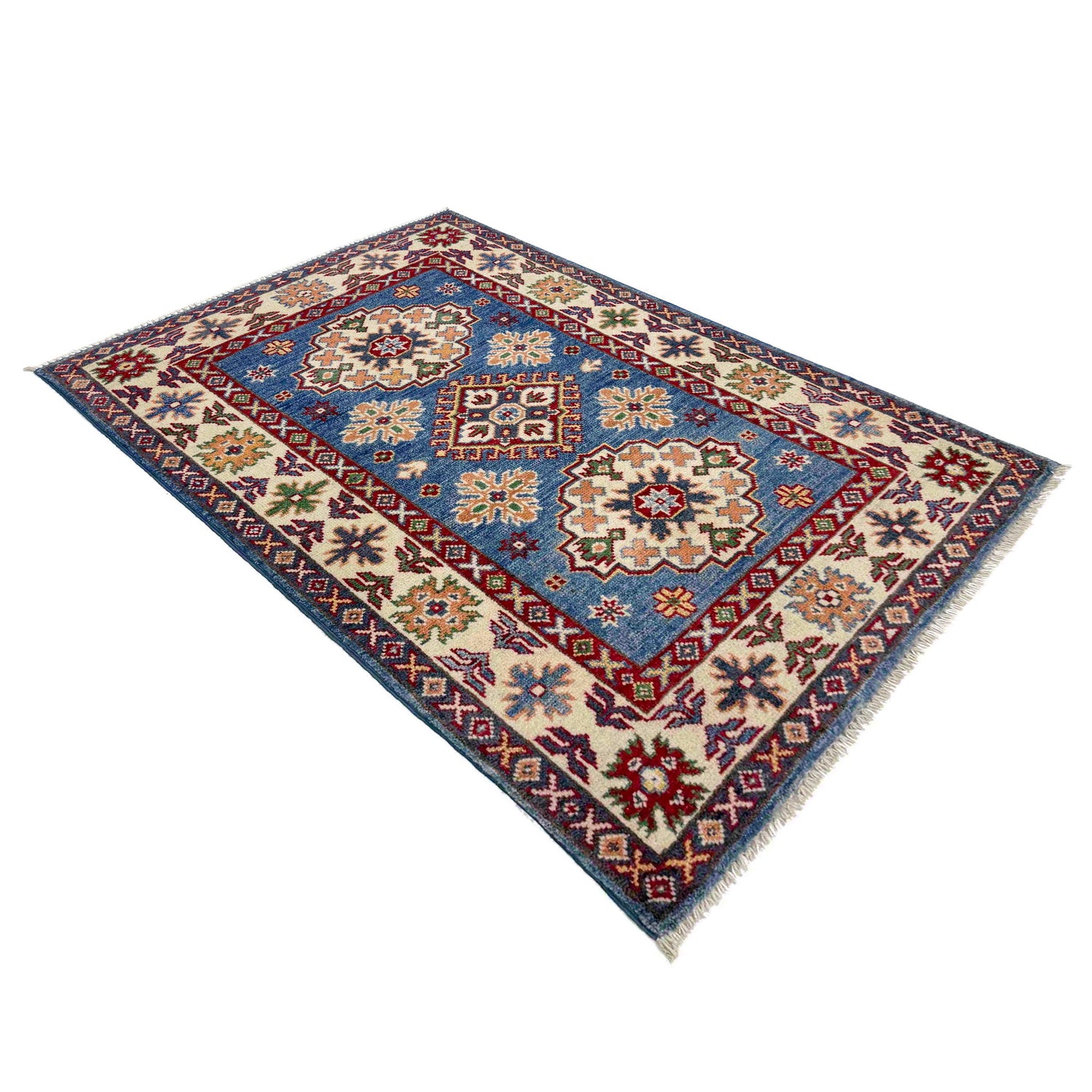 Kazak Rug Handmade Blue Medallion 2x4 ft