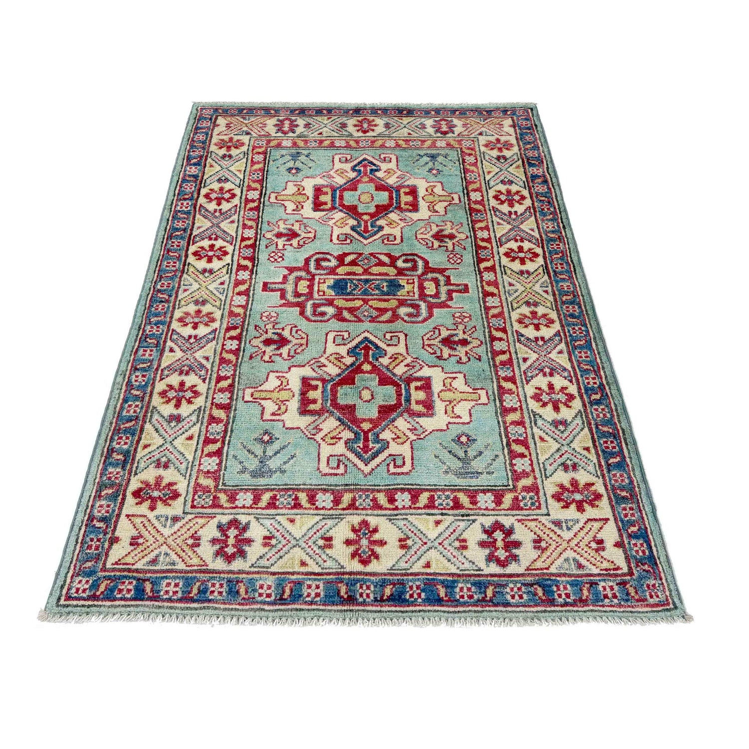Kazak Rug Handmade Blue Medallion 2x4 ft