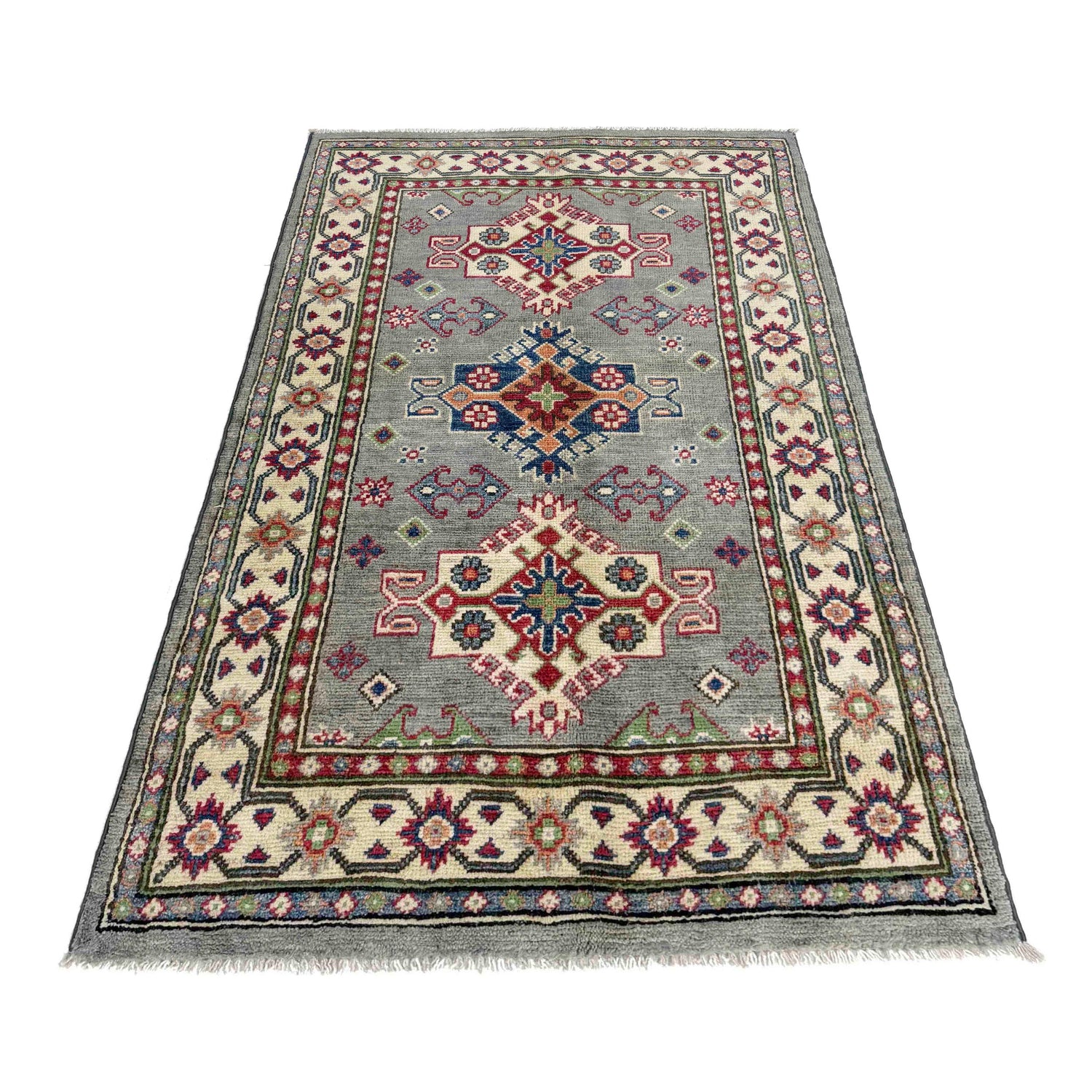 Kazak Rug Handmade Gray Medallion 2x4 ft
