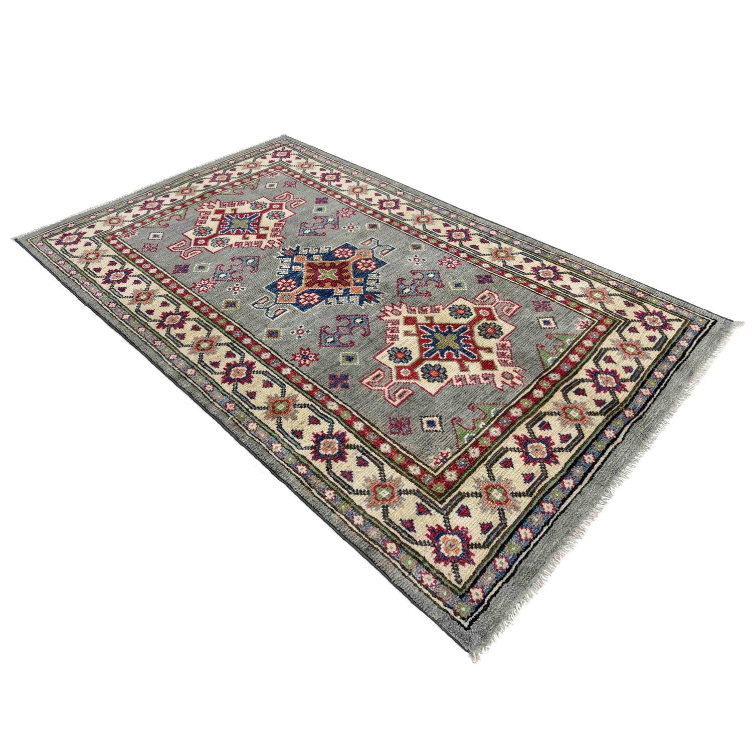 Kazak Rug Handmade Gray Medallion 2x4 ft