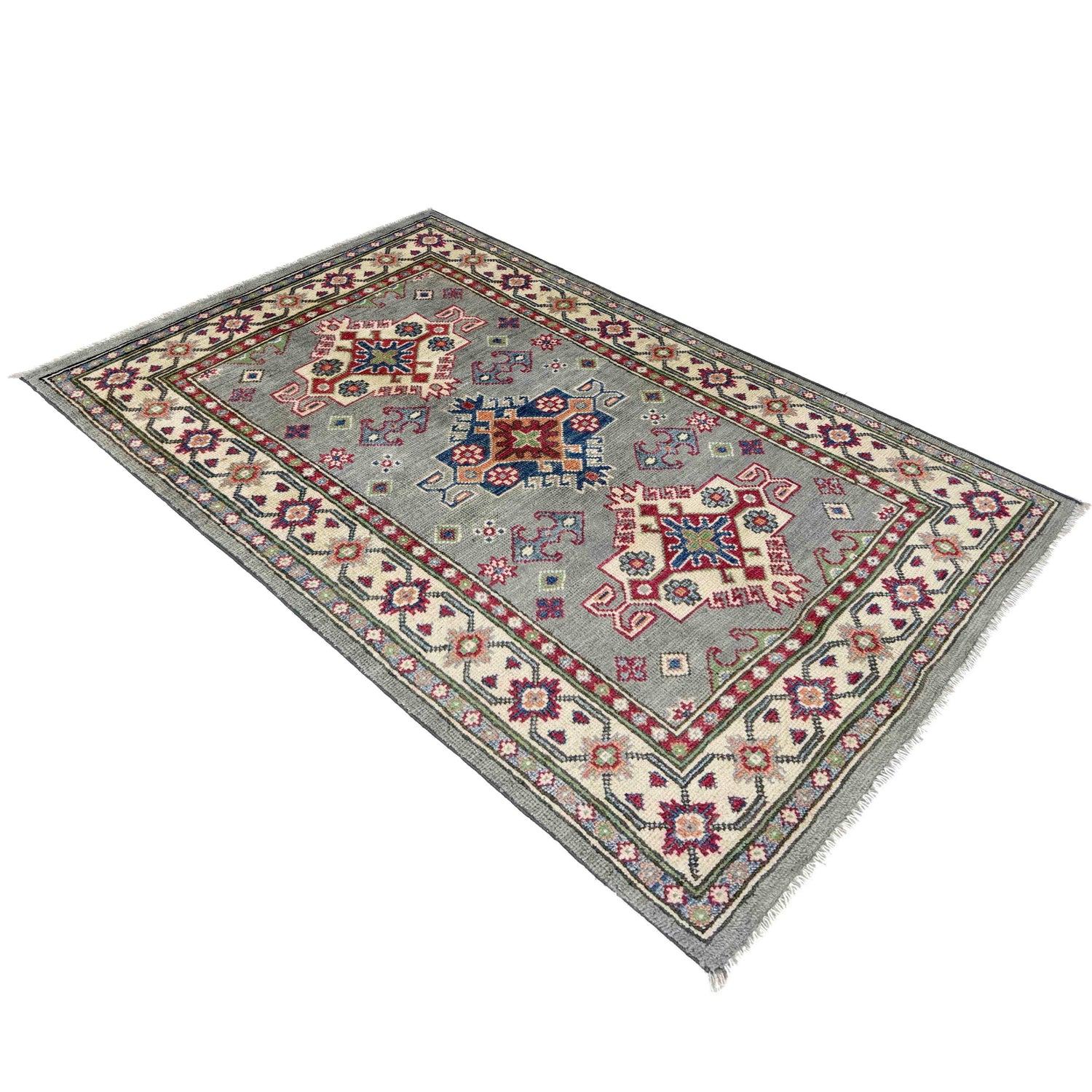 Kazak Rug Handmade Gray Medallion 2x4 ft