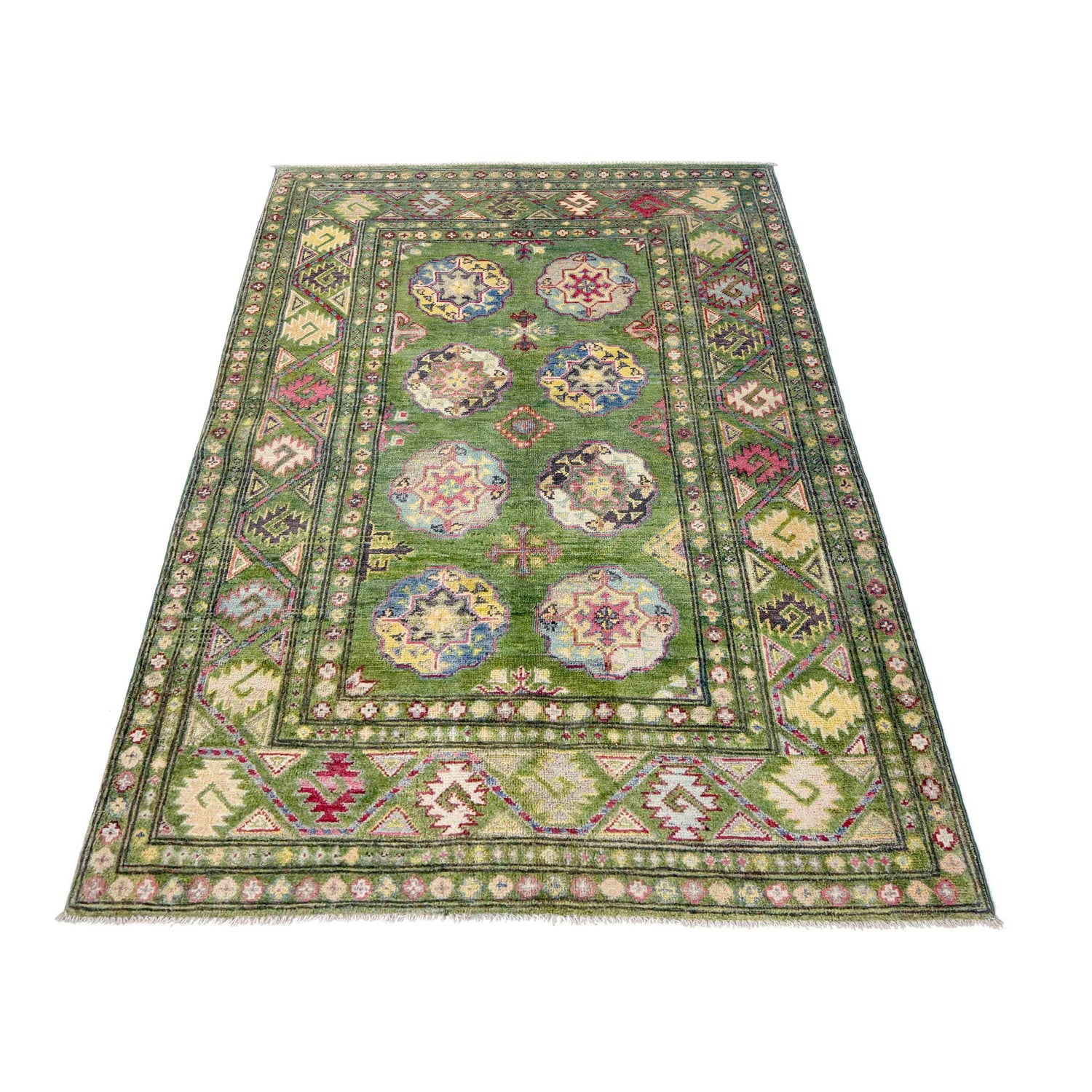 Waziri Area Rug Handmade Green Medallion 4x6 ft