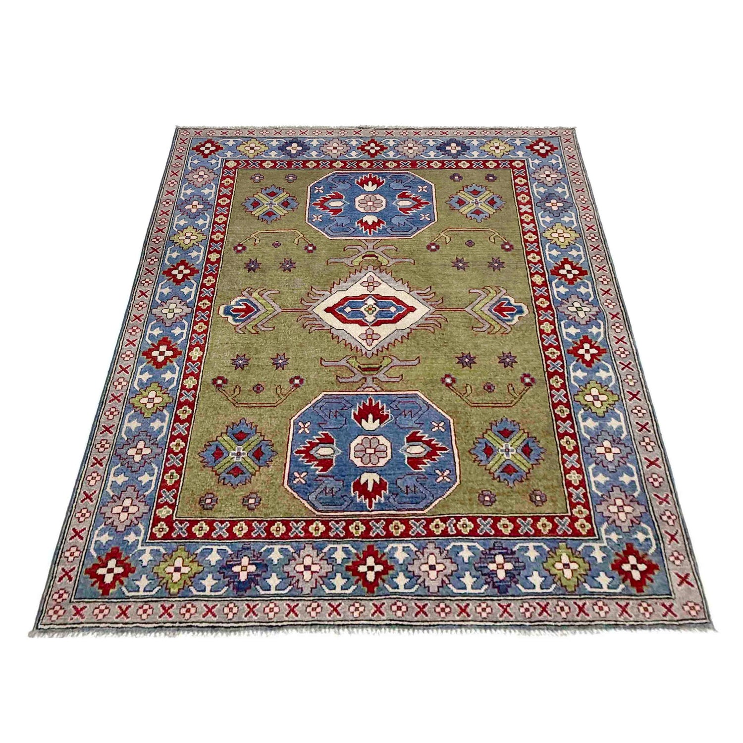 Kazak Rug Handmade Green Medallion 4x7 ft