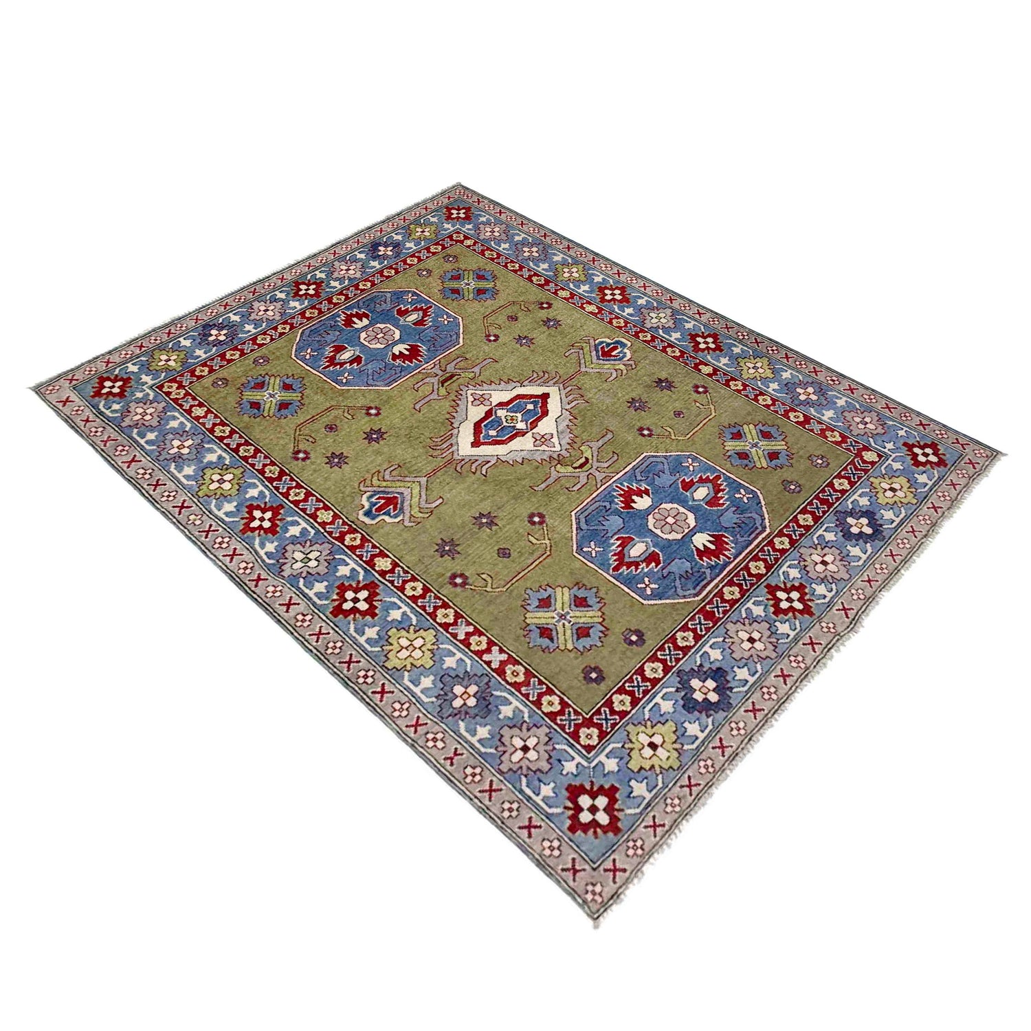 Kazak Rug Handmade Green Medallion 4x7 ft