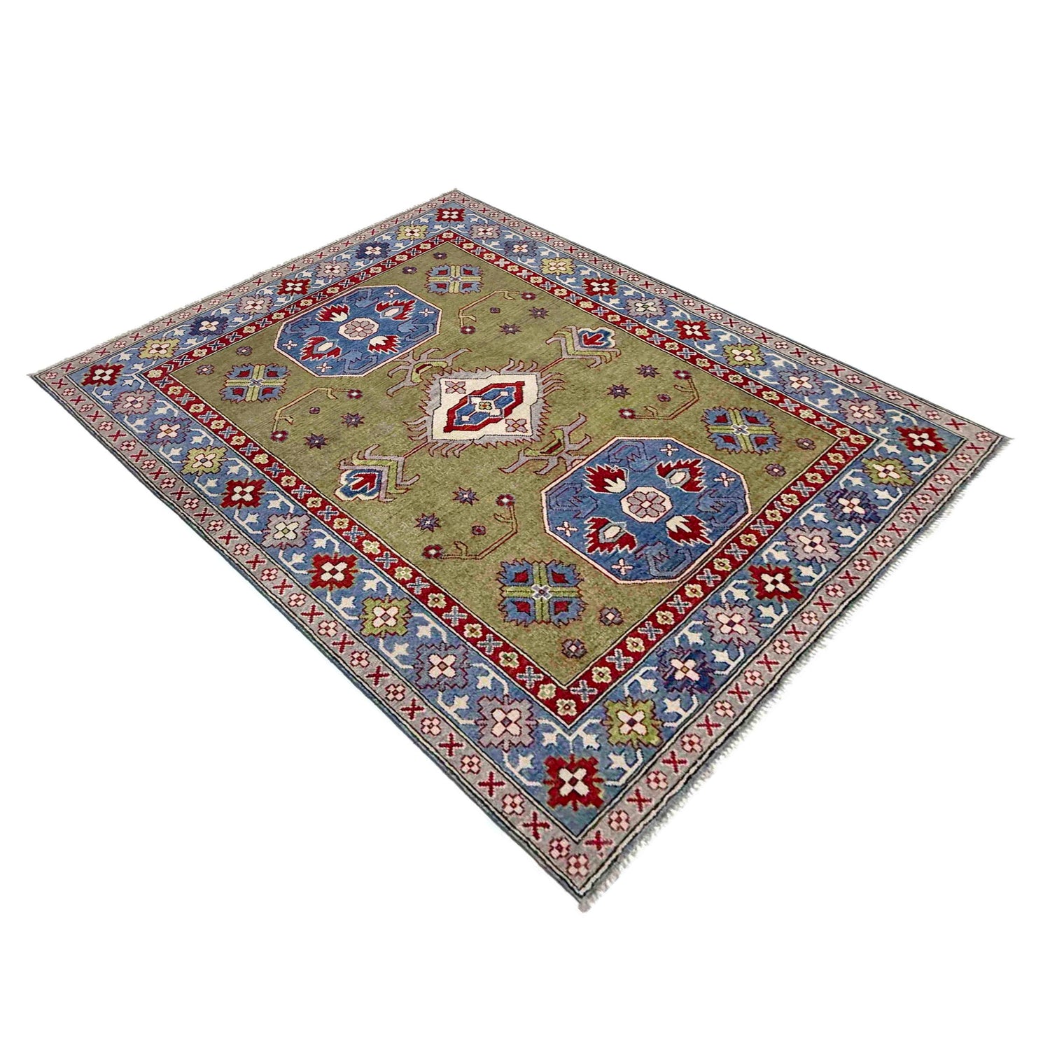 Kazak Rug Handmade Green Medallion 4x7 ft