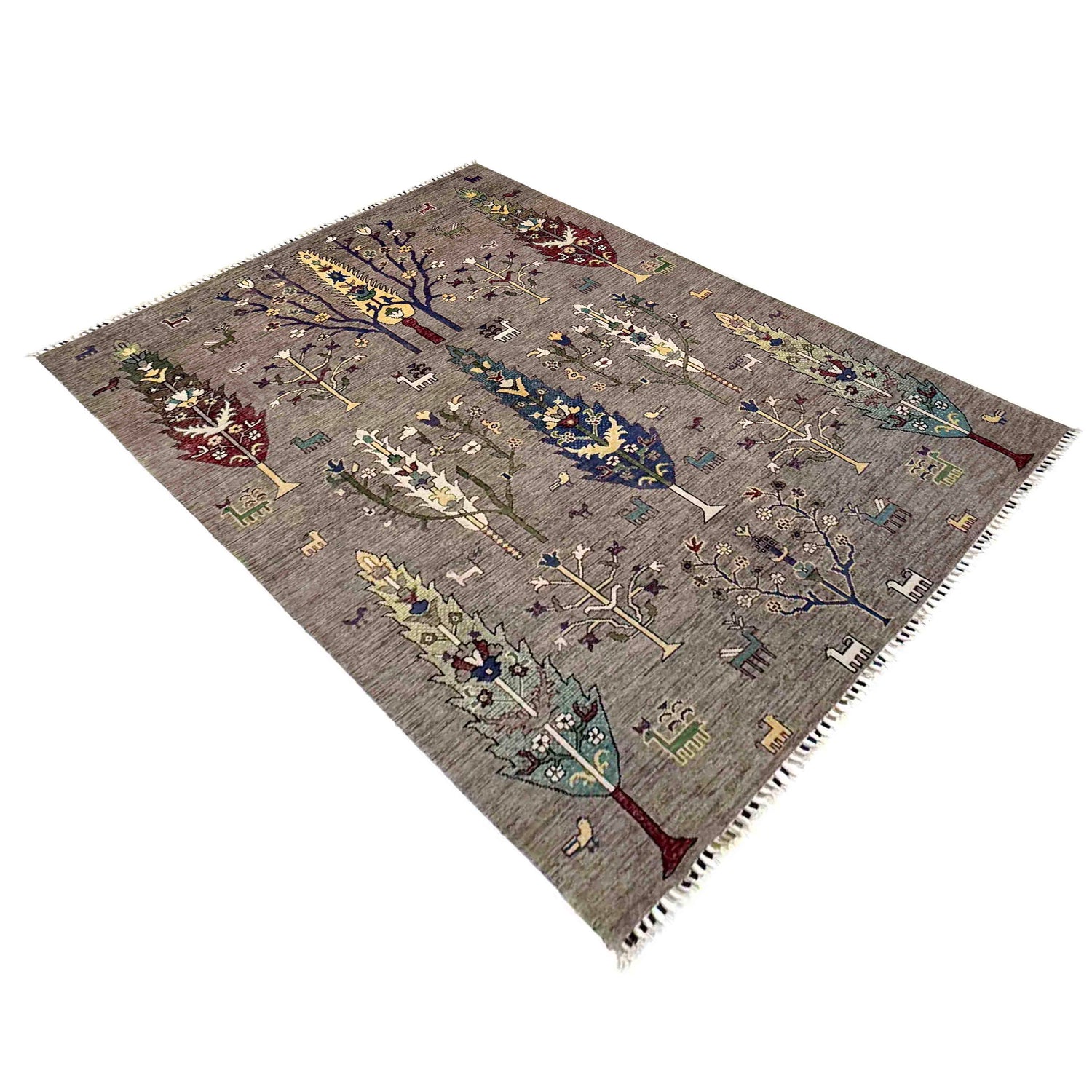 Tree Of Life Area Rug Handmade Gray Floral 5x8 ft