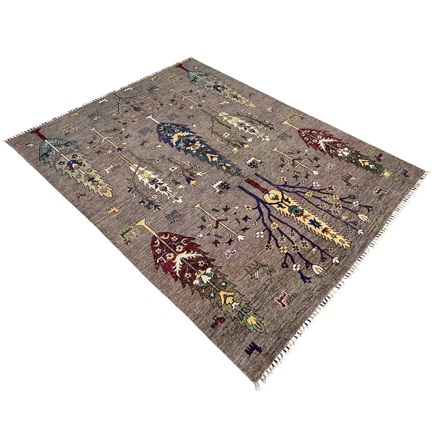 Tree Of Life Area Rug Handmade Gray Floral 5x8 ft