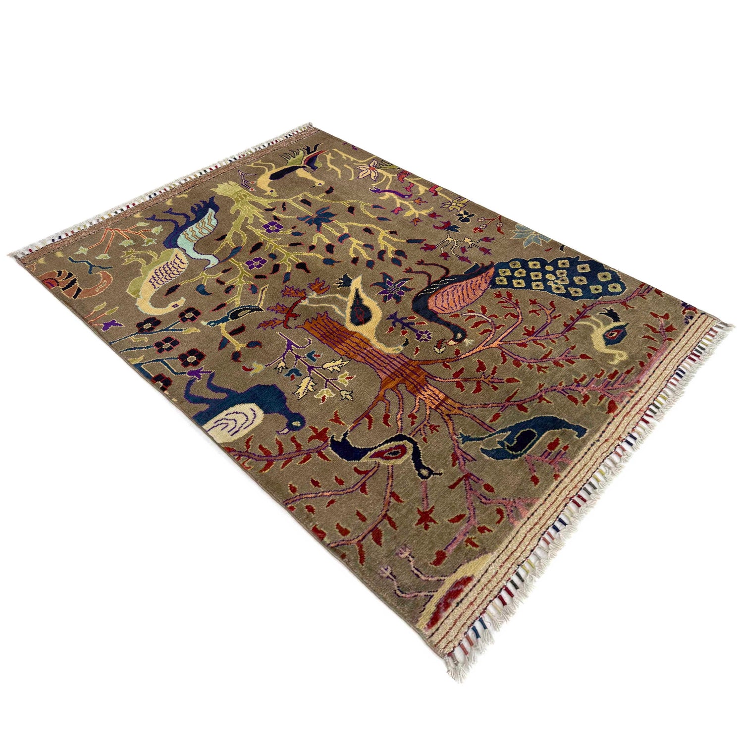 Tree Of Life Area Rug Handmade Brown Floral 3x5 ft