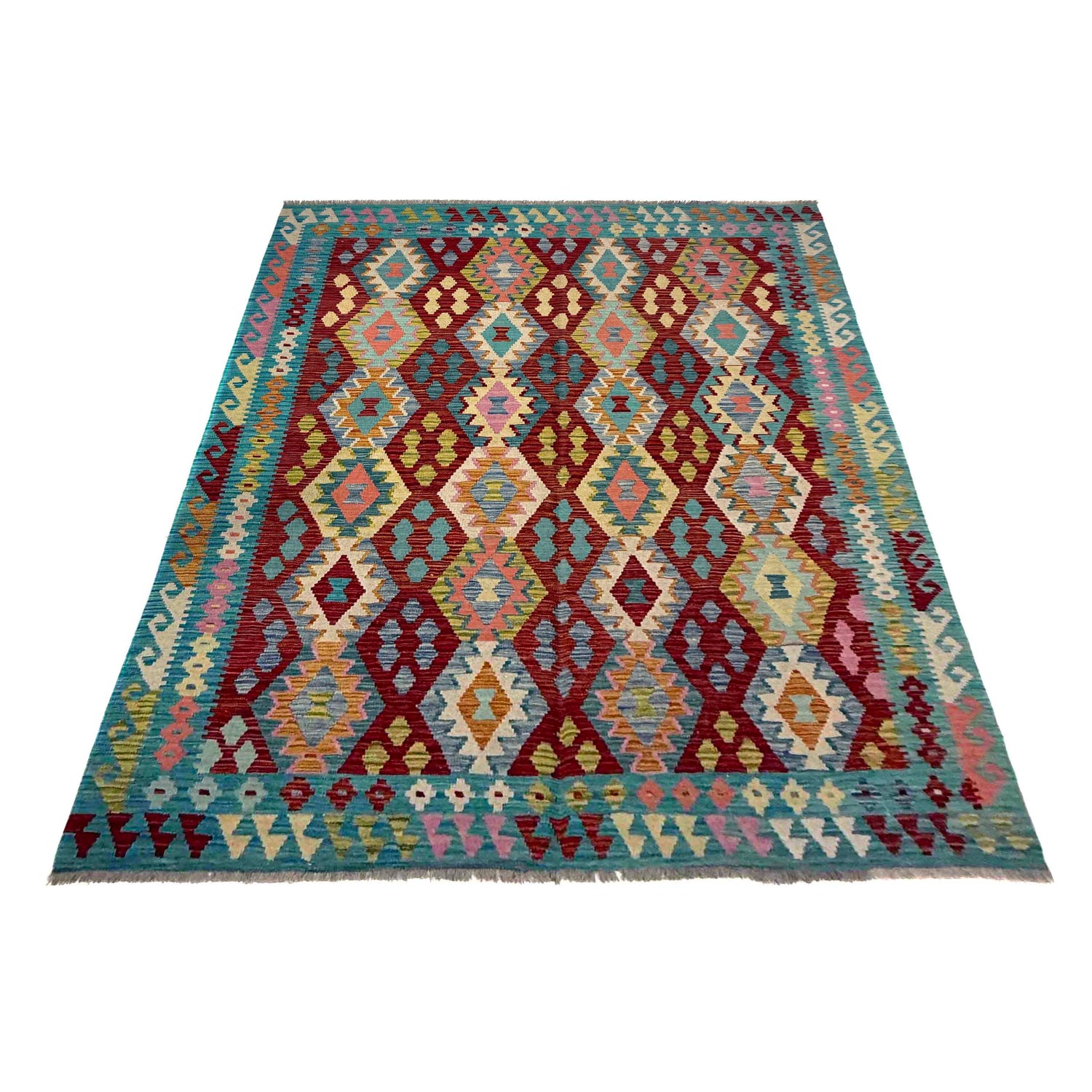 Hand-Knotted Multi Geometric Vegetable Kilim Area Rug – 5' 10" x 8' 0" ft (179 x 244 cm) | SKU: R39656